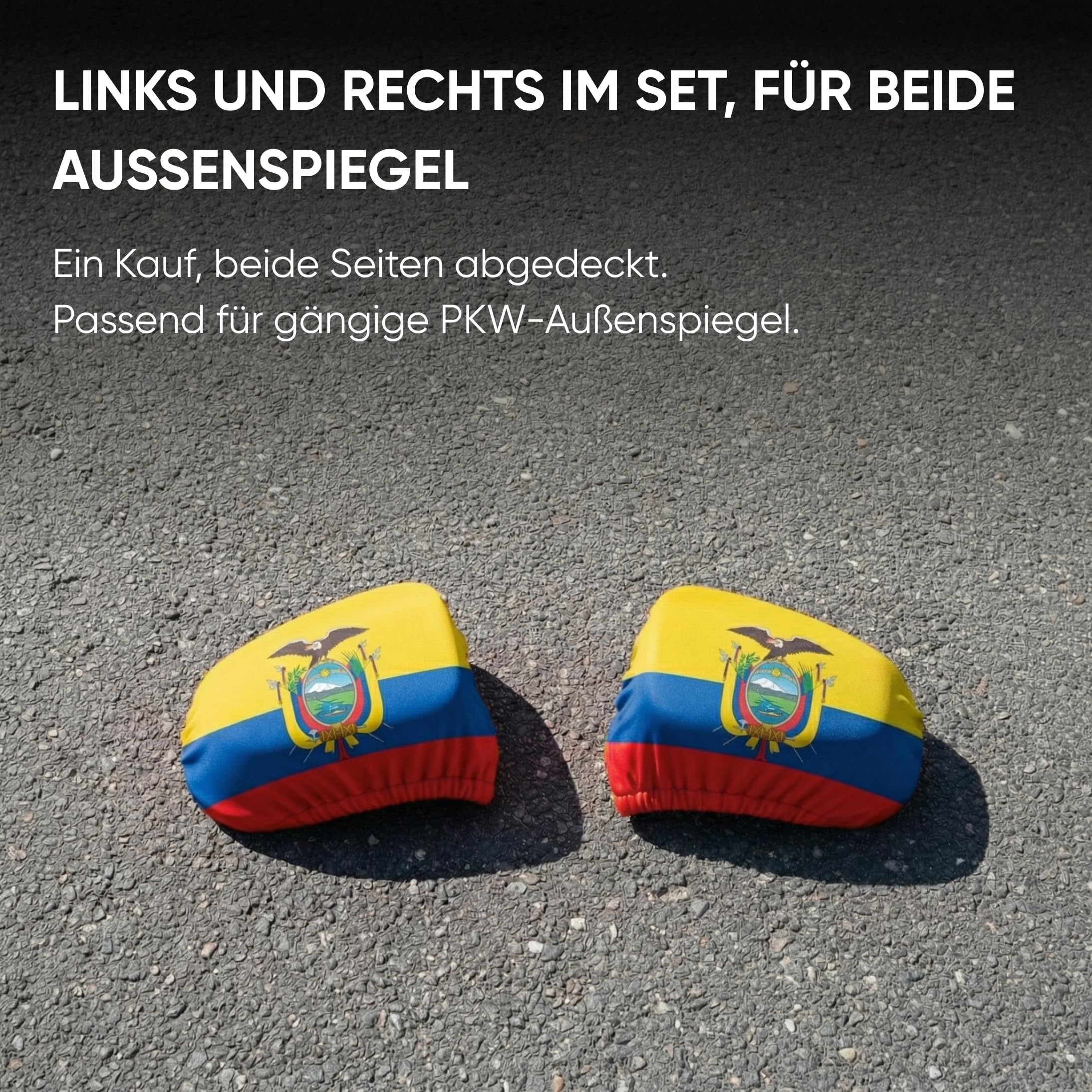 Auto Fahnen Ecuador Komplett Set - Motorhaubenfahne, 2 Autofahnen Fenster & 2 Außenspiegelfahnen, Fußball Fanartikel FZG für EM & WM, Ecuadorianische Flagge Fahrzeug Deko