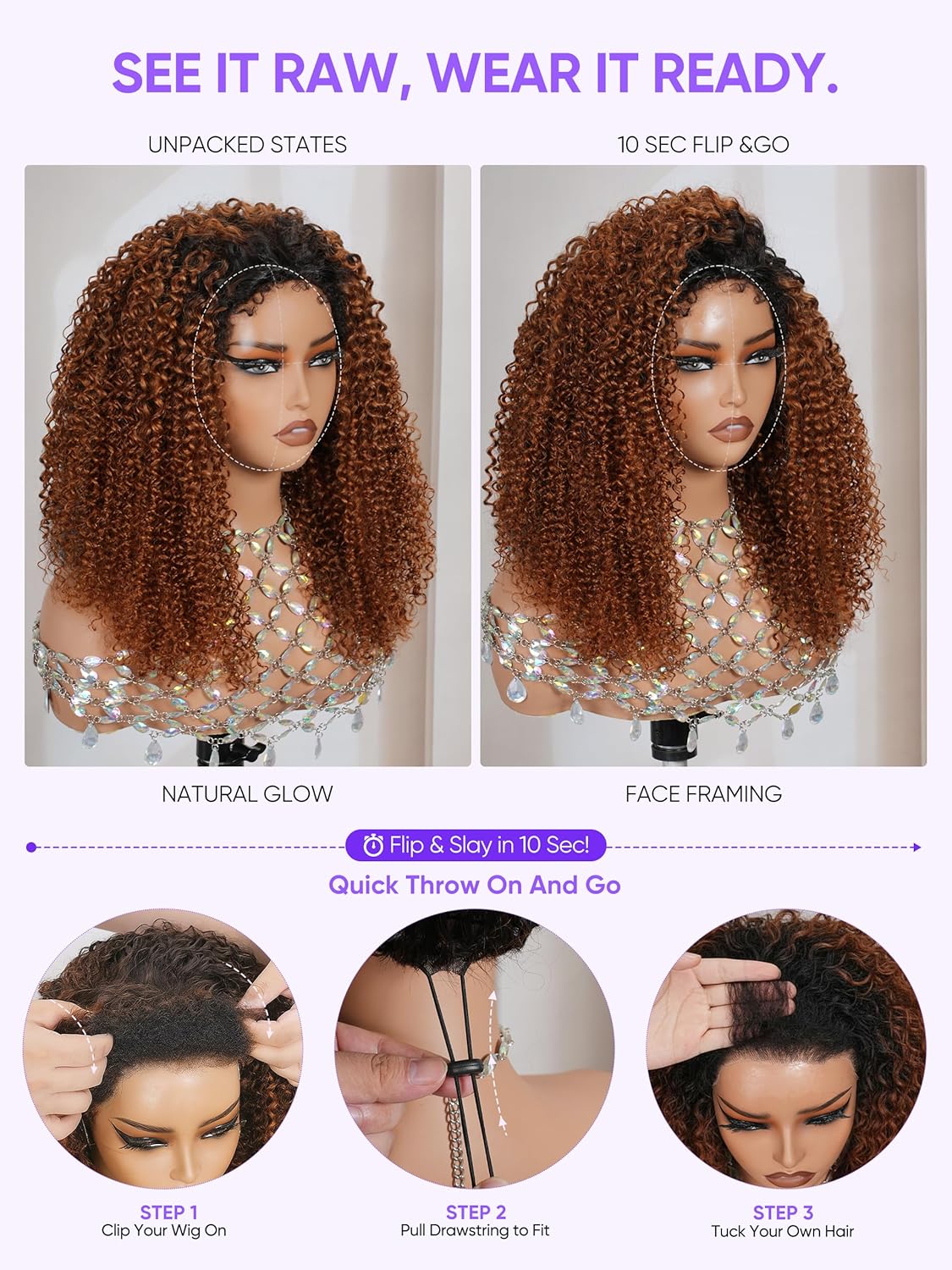 T1B/30 Ombre Brown Kinky Curly Half Wig | 10" Human Hair Drawstring | Flip Over Glueless Install | Seamless 4C Hairline | Wear & Go | Gym-Proof | No Gel
