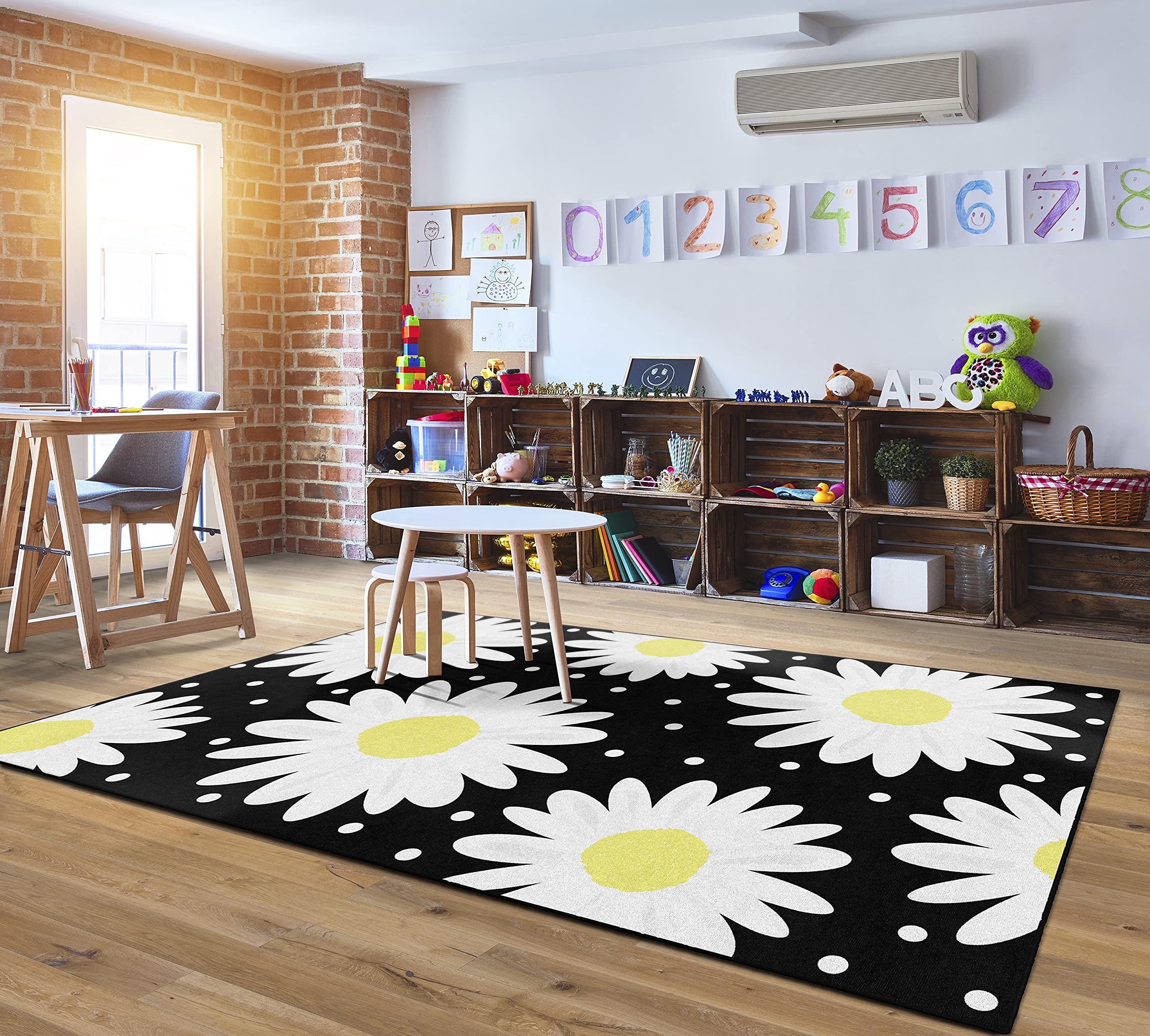 Flagship Carpets Schoolgirl Style Daisy Polka Dots Classroom Area Rug for Indoor Classroom Learning or Kid Bedroom Educational Play Mat, 5'x7'6