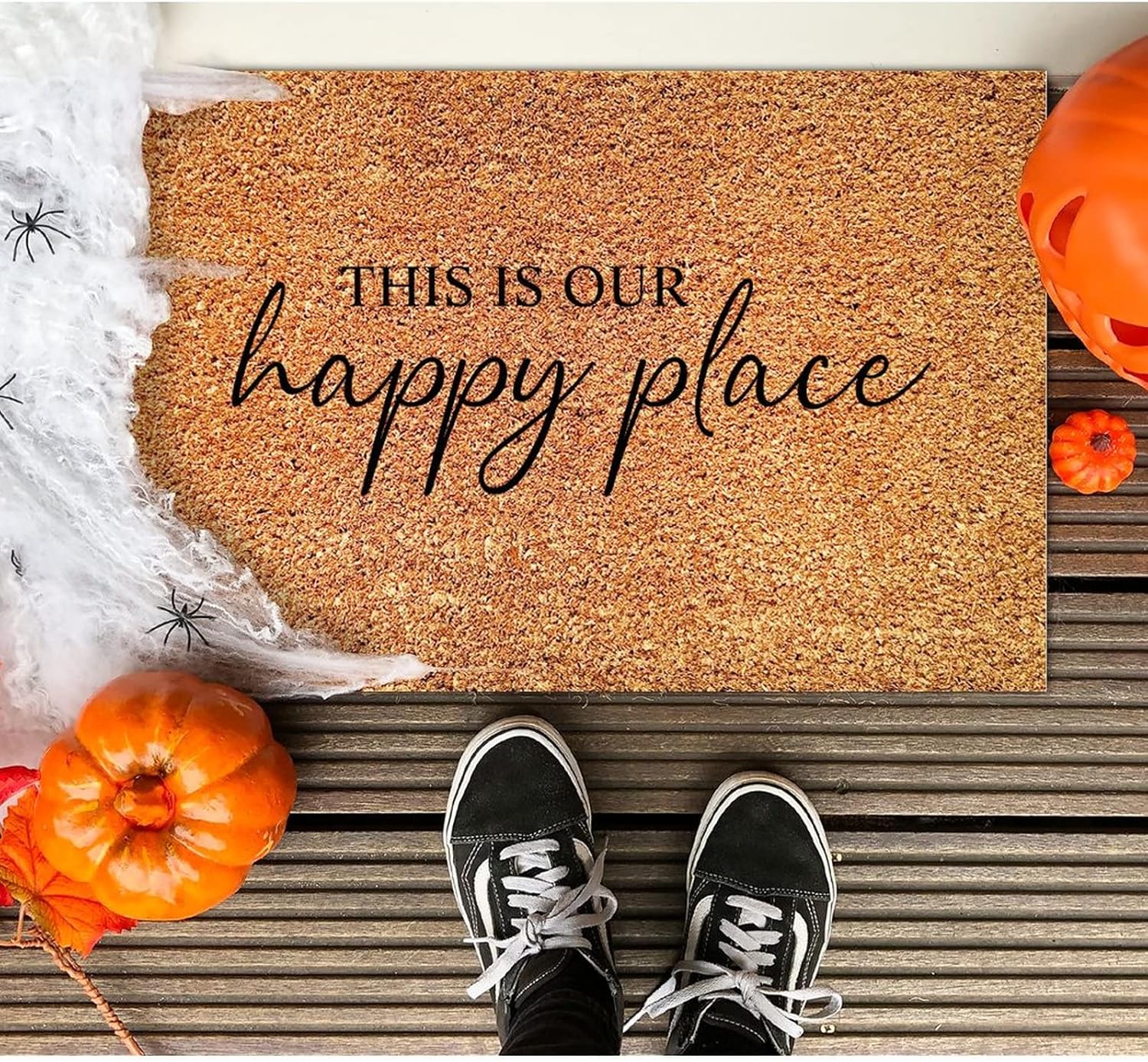 SILYHEART This is Our Happy Place Coir Door Mat Doormats Funny Family Quote Durable Coir Non Slip Mat for Entrance Way Indoor Front Door 16x24in