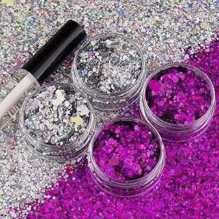 BELLEBOOST 2 Colors of Holographic Chunky Glitter Nail Glitter with Quick Dry Glue, 4 Pots Total 40g Multi-Shaped for Body Hair Face Eyes Make-up, Nail Art and Bedazzling in Party/Concert/Events