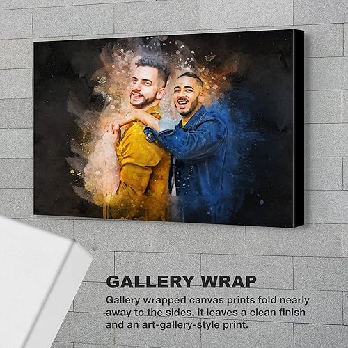 Miniatura 3 de Retrato de pareja LGBT personalizado en acuarela sobre lienzo con fondo oscuro, regalo de compromiso LGBT, regalo memorable para marido, regalo para