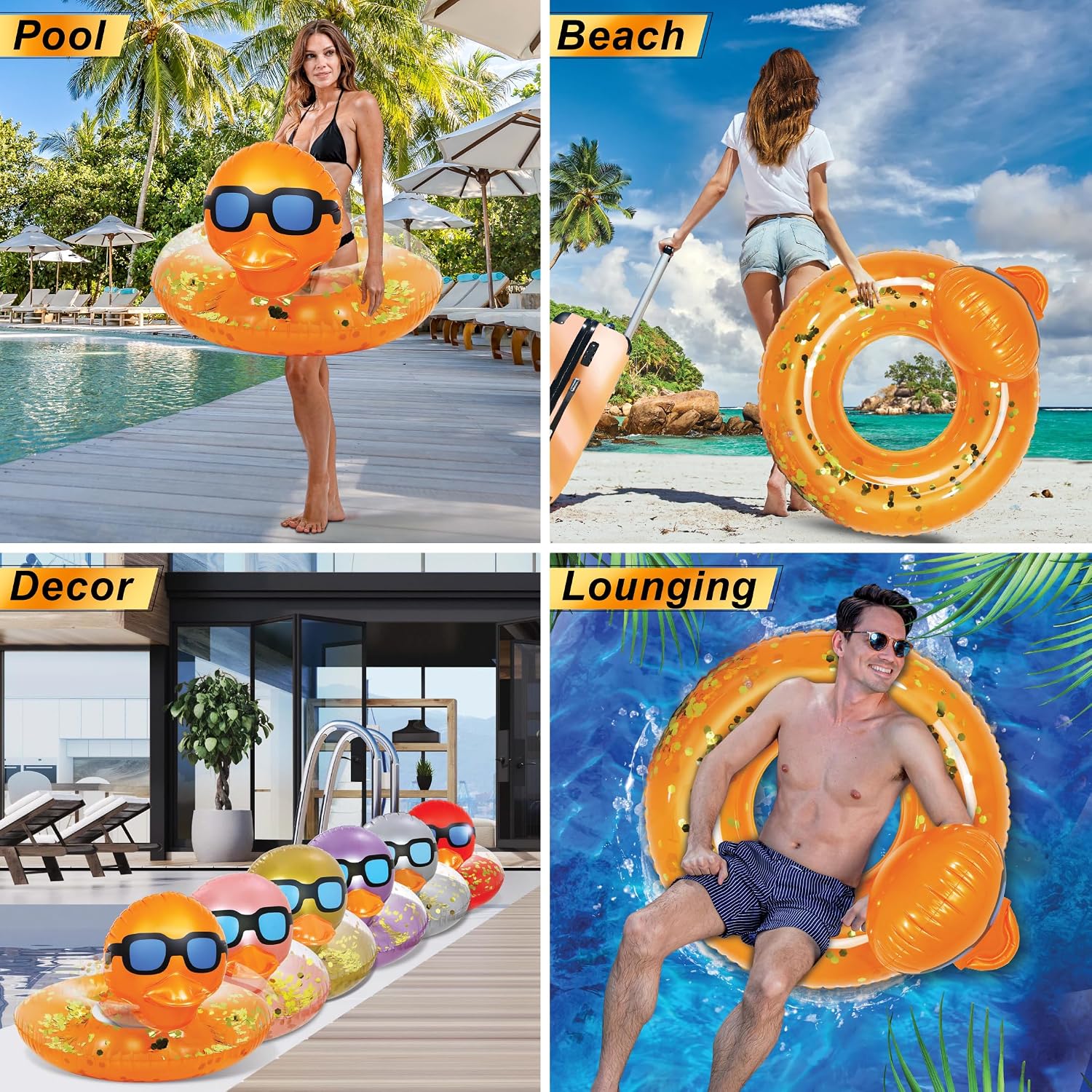 POZA Inflatable Duck Pool Float Tube- Heavy Duty Vinyl UV Resistant Confetti Pool Duck Floatie, Animal Pool Float Swim Ring Pool Inflatables for Kids and Adults for Beach, Party, Vacation image 3