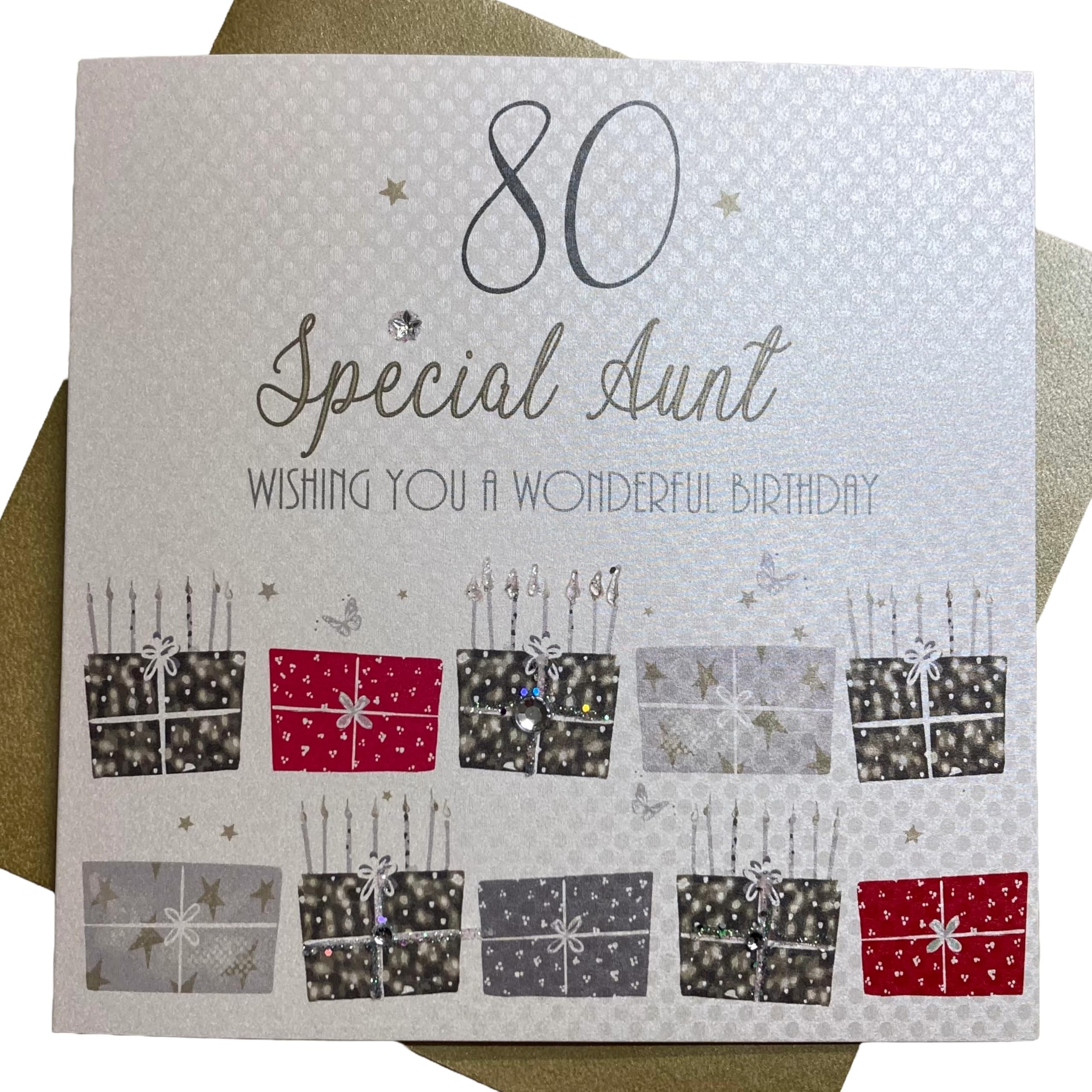 White Cotton Cards Red Present, Wishing You A Wonderful Aunt Handmade 80Th Birthday Card, Bdp80-Aunt,16Cm X 16Cm
