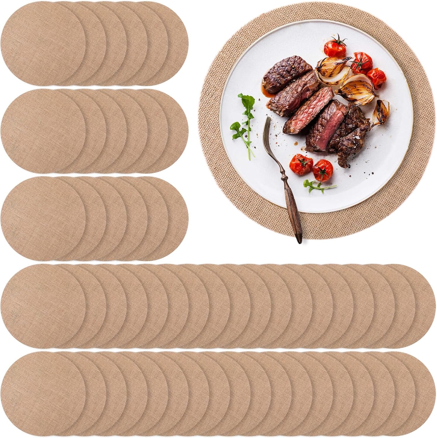 50 Pieces Round Burlap Placemats, Reusable Brown Table Mats Heat Resistant Natural Jute Placemats Circle Rustic Table Decorations for Wedding Dinner Party Farmhouse Christmas Decor(11.8 Inches)