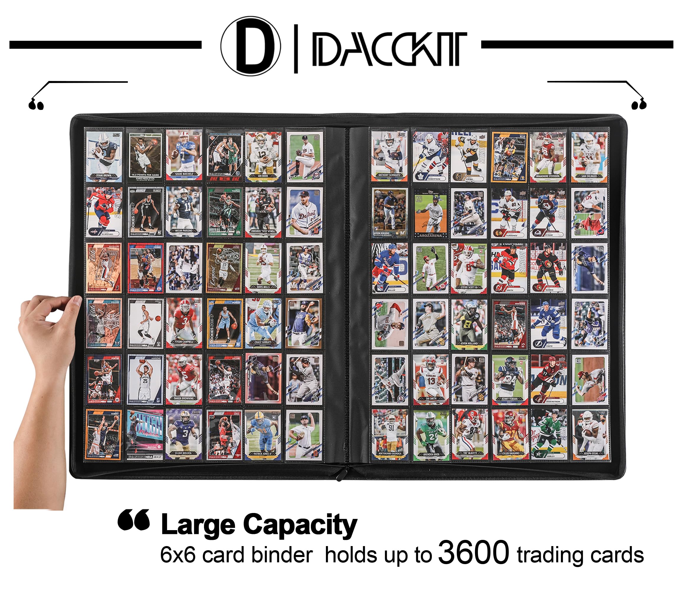 D DACCKIT Raccoglitore per carte da collezione con 3600 tasche, di alta qualità, grande, 36 fori, senza anelli, con apertura laterale UltraSonic-363600 Tech con cerniera, per TCG (nero classico)