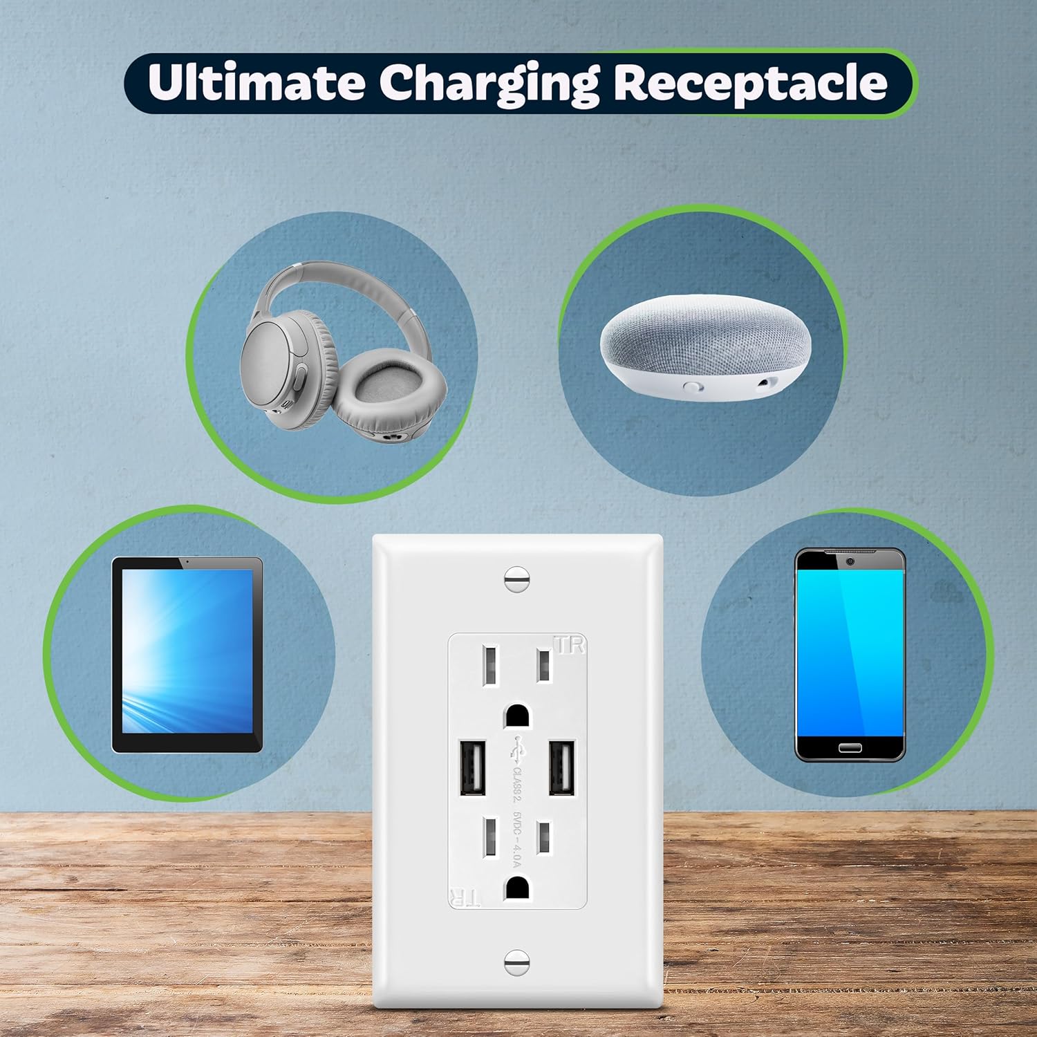 TOPGREENER 4A High Speed USB Wall Outlet, 15A Tamper-Resistant Receptacles, Compatible with iPhone SE/11/XS/XR/X/8, Samsung Galaxy S20/S10/S9/Note, LG, HTC & More, UL Listed, TU2154A, 2 Pack