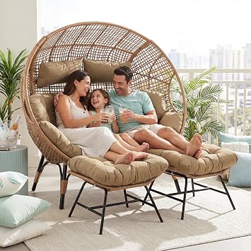 BULEXYARD Double Egg Chair with Ottoman Indoor Outdoor, 2 Person Brown Wicker Oversized Stationary Egg Chair with Brown Thick Cushion, Patio Wide Lounge Loveseat with Legs for Balcony, Porch