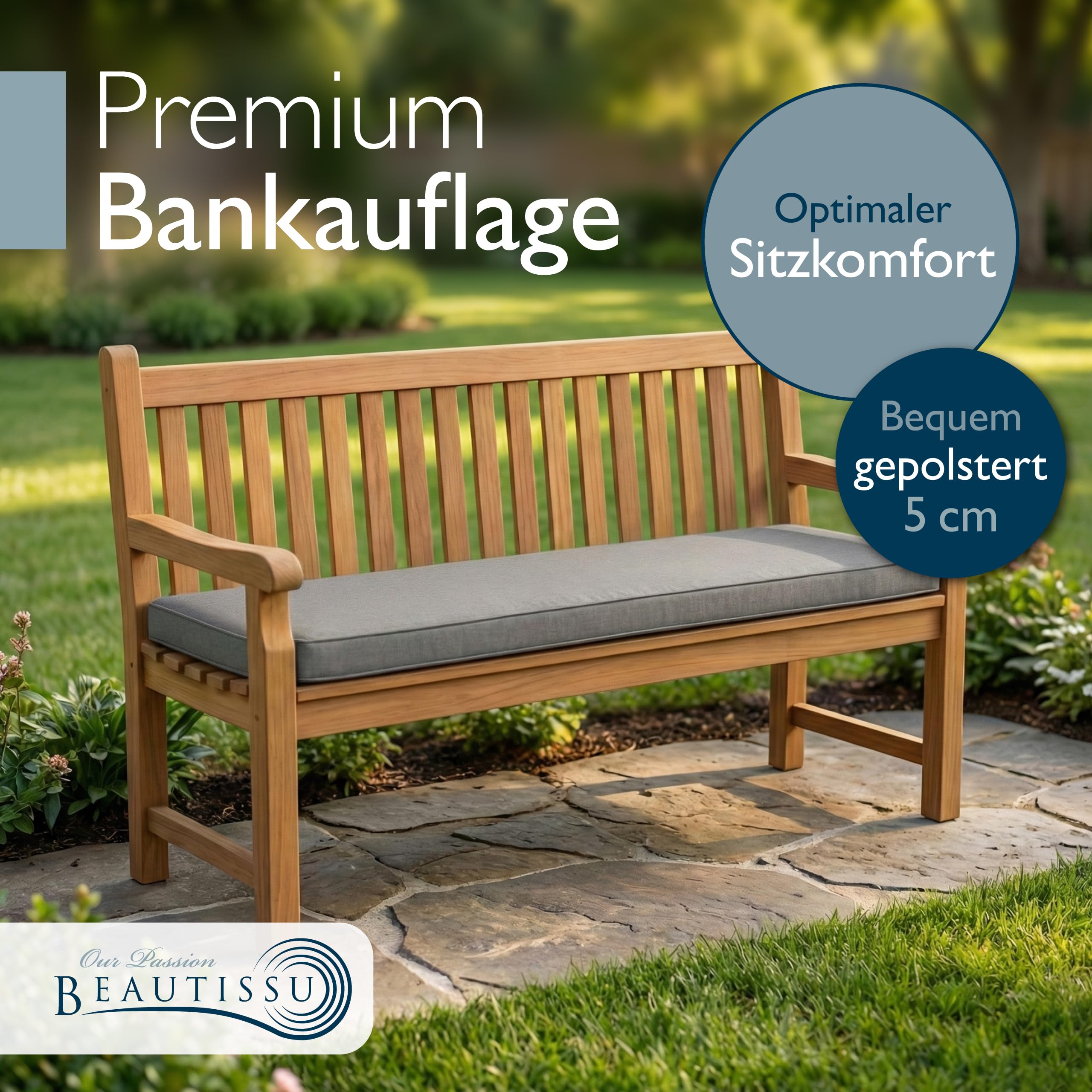 Beautissu Bankauflage Outdoor 110x50 cm Bankkissen Wetterfest - UV-Beständig Pflegeleicht Gartenbank Sitzkissen waschbar – 5cm dick Bankpolster Bezug abnehmbar Gartenmöbel Hellgrau – Calme BK