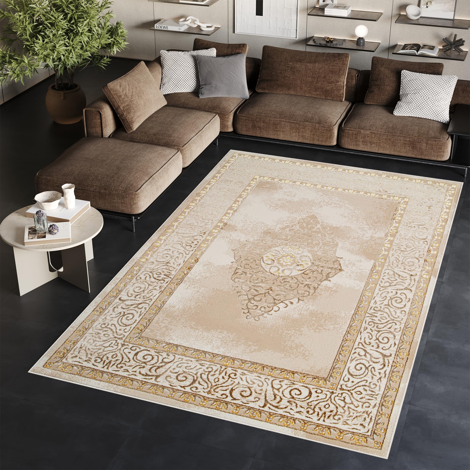 TAPISO Ares Tapis Poils Courts Traditionnel Or Marron Beige Ornamental Médaillon Bordure Effet 3D Brillant Doux Tapis Salon Chambre Oeko-TEX Résistant 200 x 300 cm