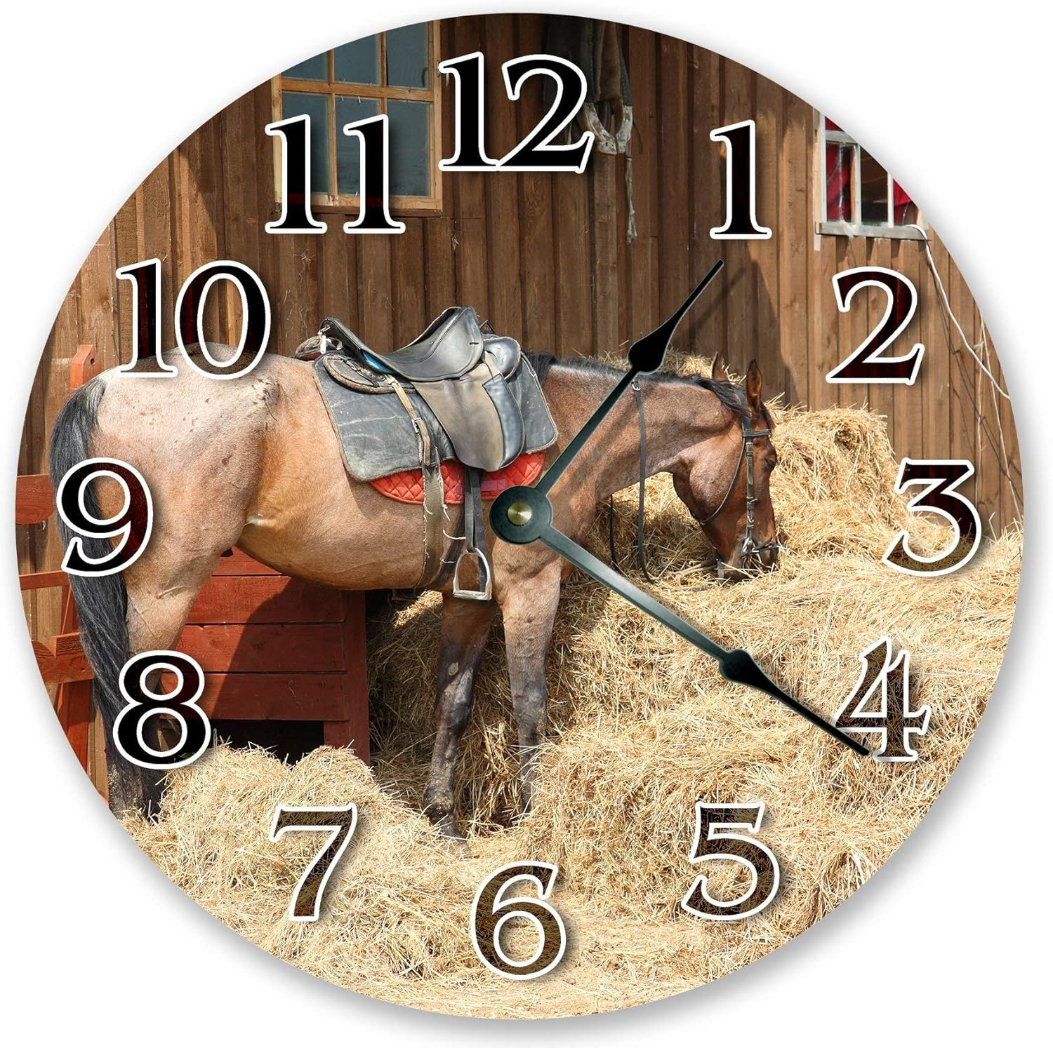 The Horse Is A Barn Silent Non Ticking Round Battery Operated Handmade Hanging Large 10 Inch Wall Clock for Bedroom Office Cottage Decoration