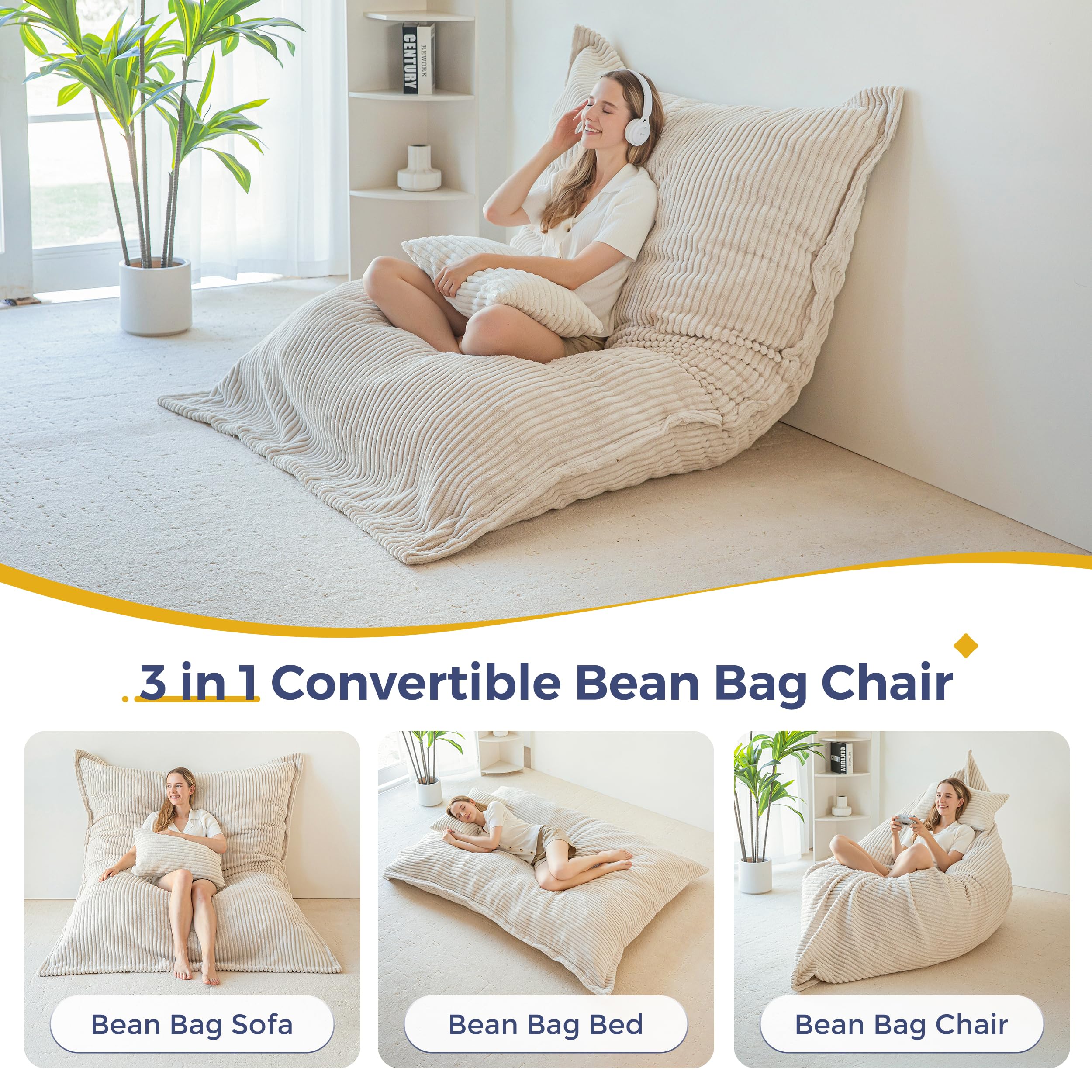 MAXYOYO Sitzsack XL, aus Cordstoff Abnehmbar, Riesen Bean Bag mit Flauschiger Schaumstoff Füllung, Großes Bodenkissen für Erwachsene & Kinder