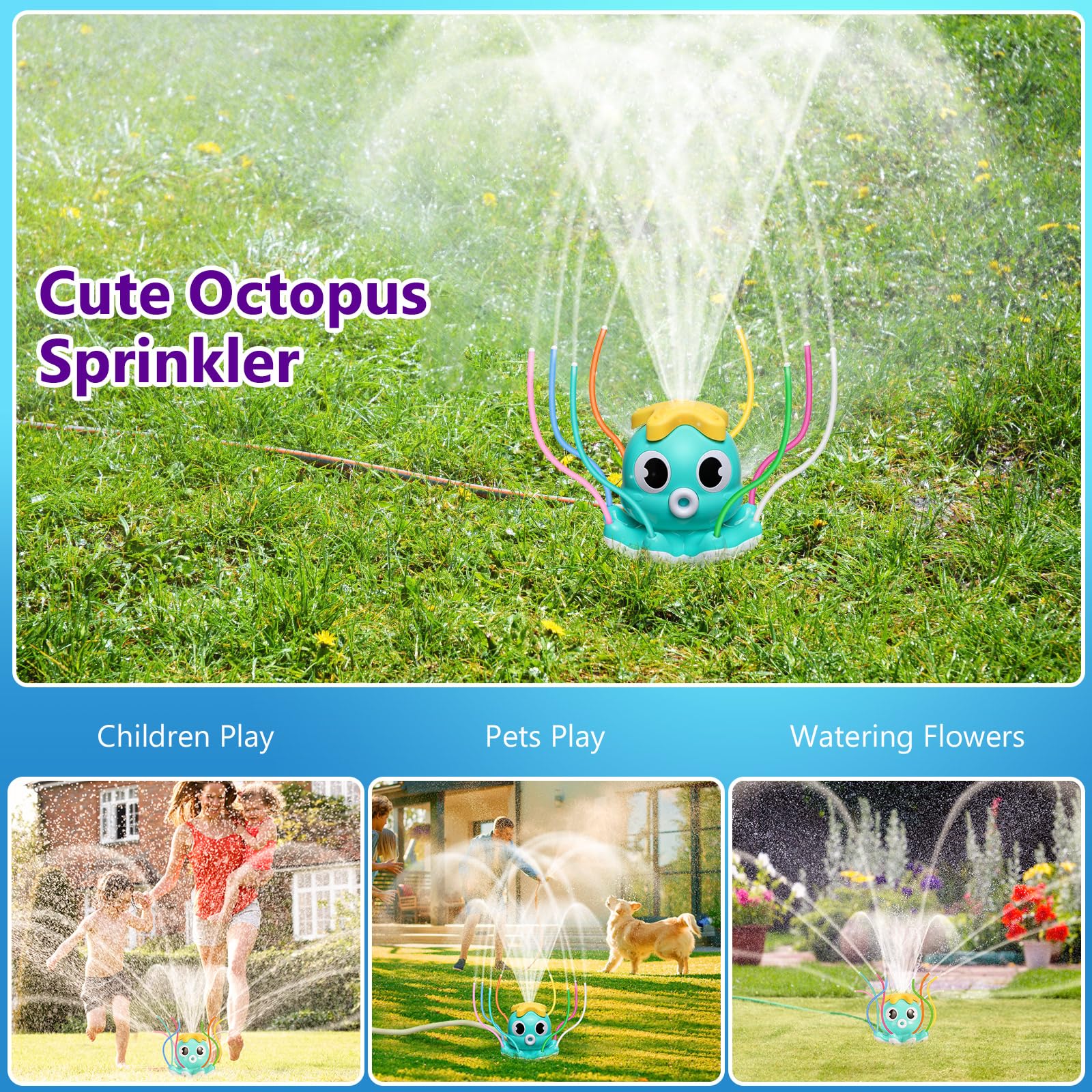 MoKo Spruzzatore d'Acqua per Bambini - Simpatico Irrigatore con 8 Tubi Flessibili, Spruzzatore d’Acqua Estate, Giocattoli per Giardino, Cortile, Prato, Spruzzi e Divertimento per Bambini, Blu Chiaro