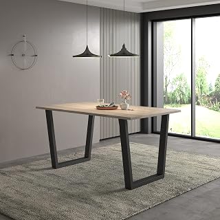 Hallowood Furniture Dudley Large 180cm Dining Table with Light Oak Effect Top - Dining Table with Chunky U Shaped Black Metal Legs - Kitchen Table for 4 to 6 Persons - Ideal for Home & Office