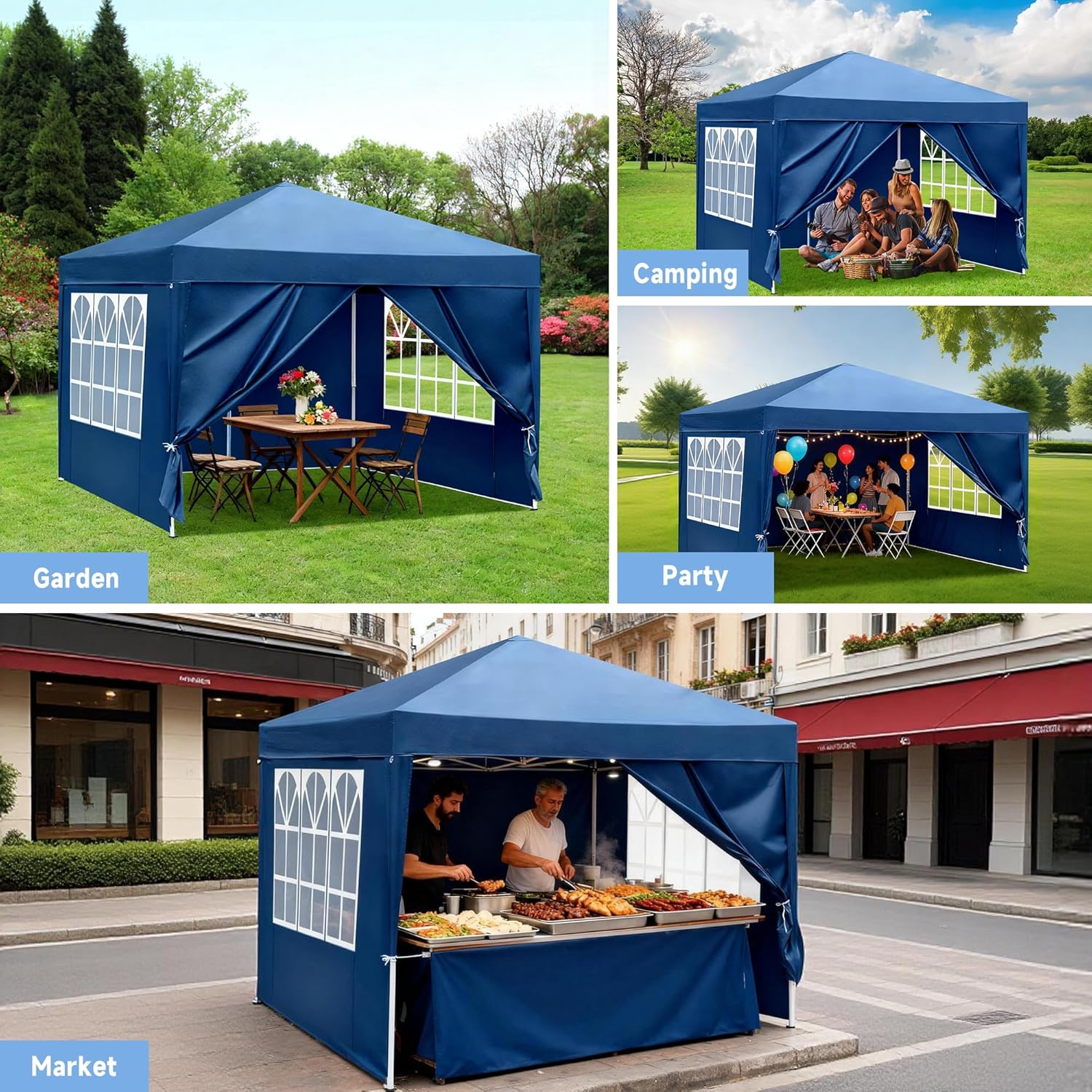 10X10FT Blue Pop Up Party Tent, Outdoor Heavy Duty Party Tent with 4 Removable Sidewalls and Carrying Bag, Portable Gazebos Shelter Sun Shade for Events, Party, Wedding, BBQ, Backyard