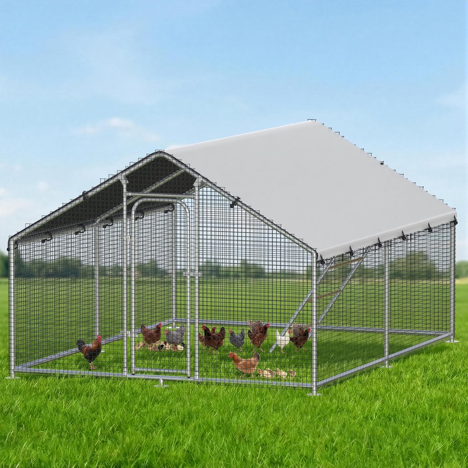 Large Metal Chicken Coop with Roosting Perch, Waterproof and UV-Resistant Cover,Outdoor Walk-in Cage Hen House for Yard Farm Rabbit Duck Chicken Run with Spire Roof (10'W x 19.7'L x 6.4'H)