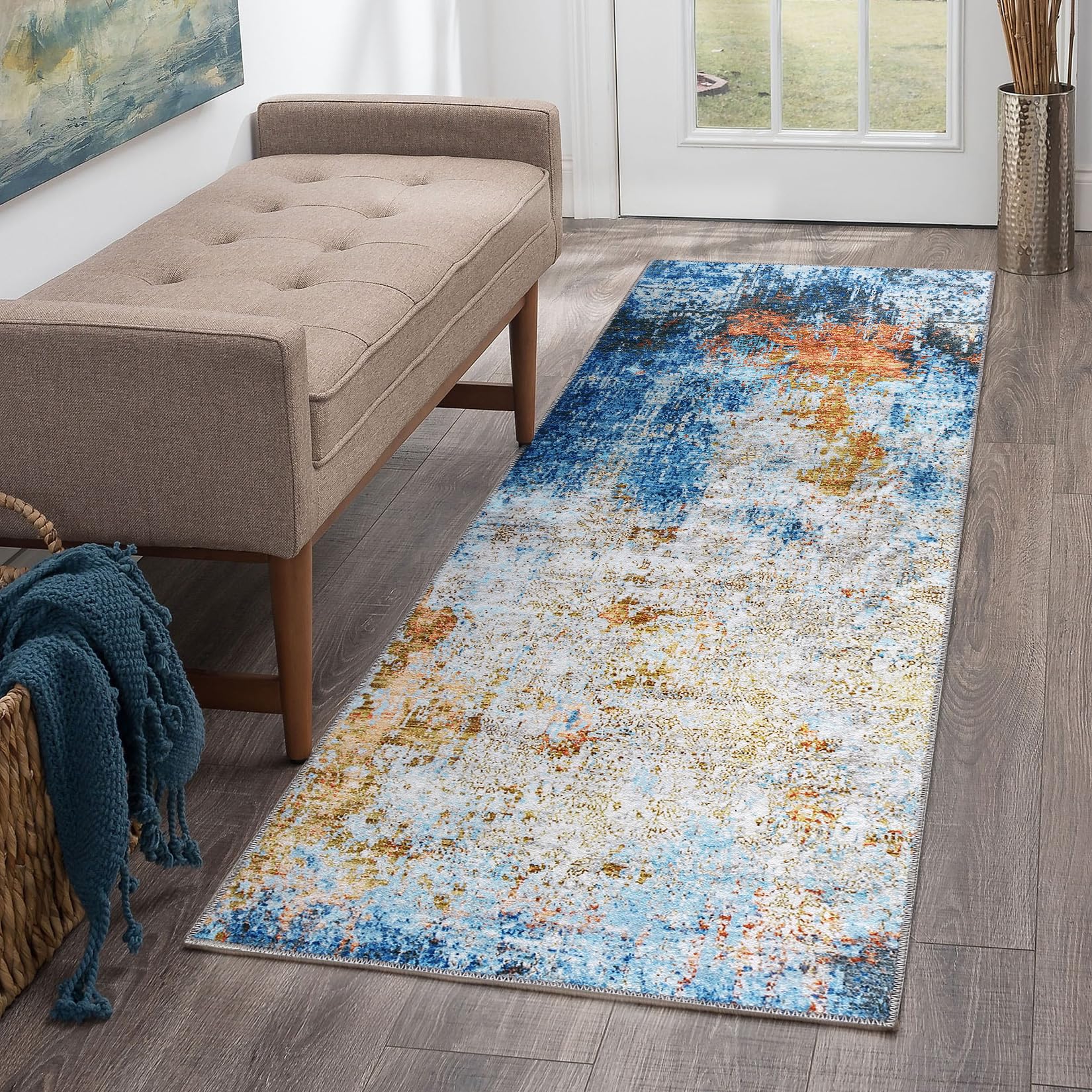 Hallway Runner Rug Modern Abstract Runner Rug Entryway Rug, Washable Stain Resistant Non-Slip Contemporary Bedroom Rug Runner Entrance Carpet for Laundry Kitchen, Blue/Orange, 2' x 6'