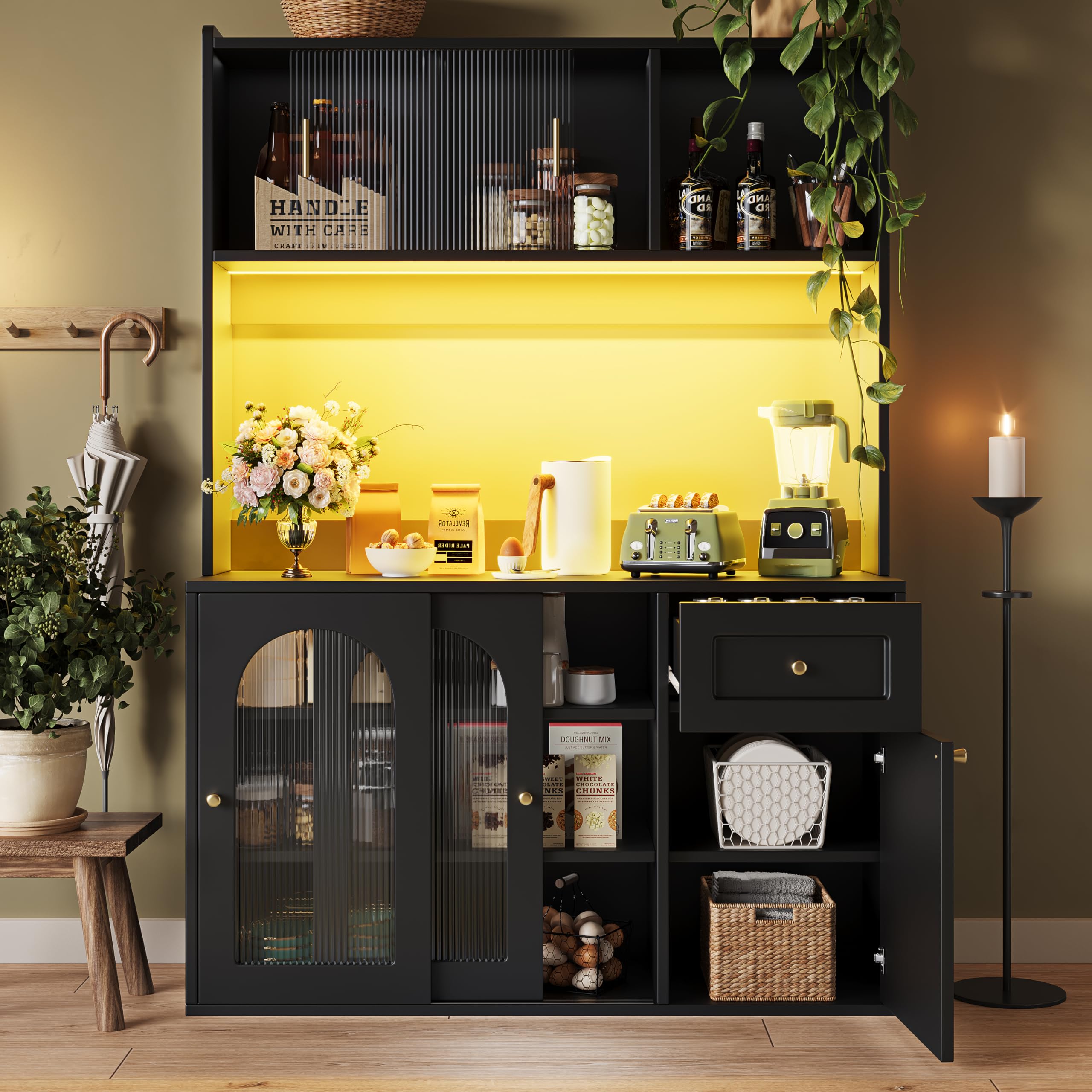 Armadio da cucina, armadio alto, vetrina, credenza da buffet con ripiani regolabili, armadio da sala da pranzo, credenza con illuminazione a LED, Nero