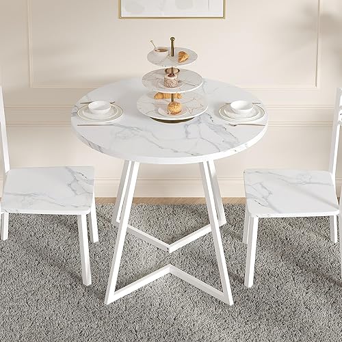 Miniatura 10 de VECELO Mesa de comedor redonda con mesa de grano de madera y marco de acero, para cocina, sala de estar, oficina, conferencia, 2 a 4 personas,