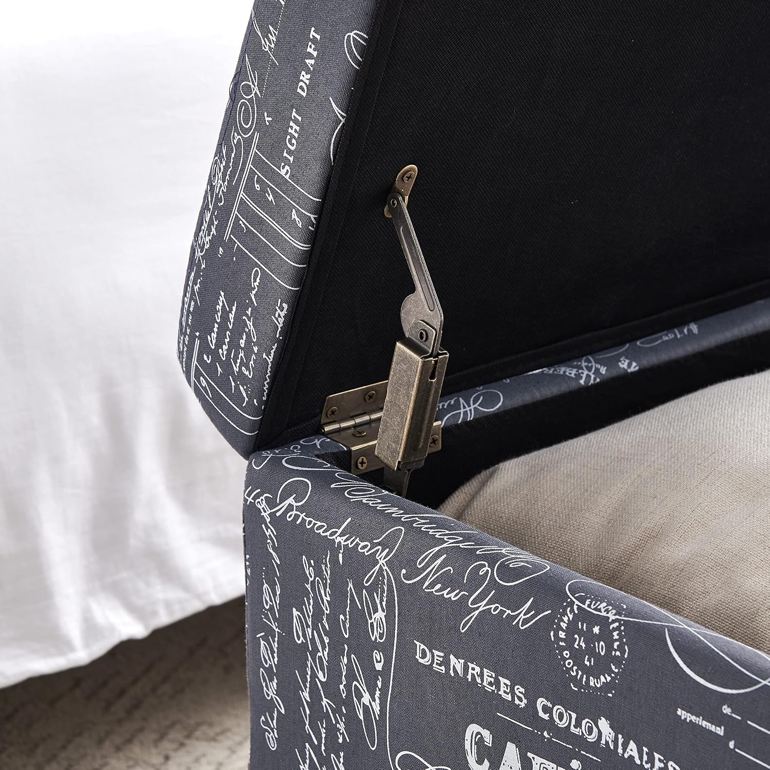 Linon Stephanie Script Linen Ottoman, 32"W x 16"D x 18"H, Gray/Black