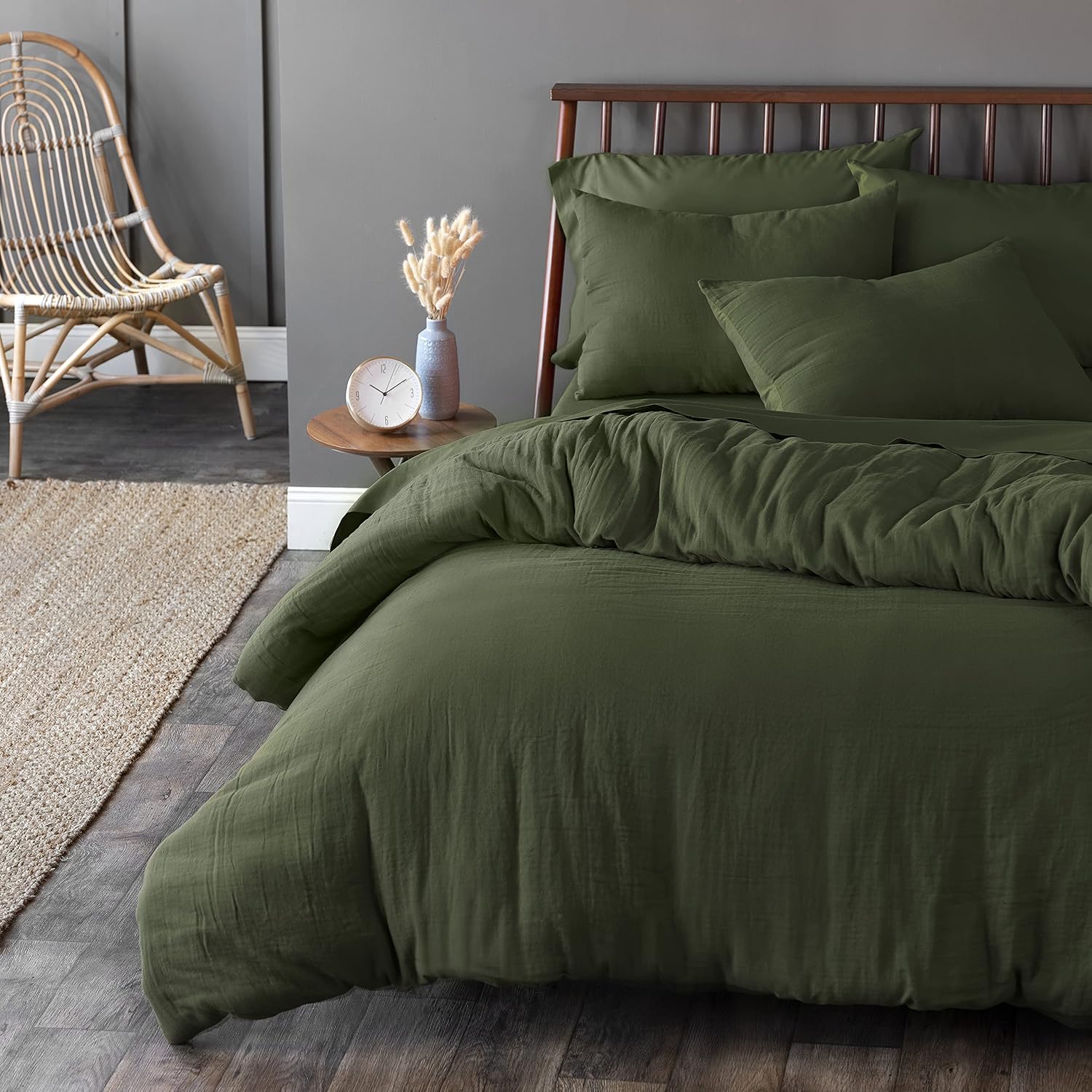 Welhome Gauze Cotton Duvet Cover King Size - 3 Piece | 1 King Duvet Cover - 2 Pillow Shams | Christmas Bedding Sets | Winter Bedspread | Farmhouse Essentials | Olive Green