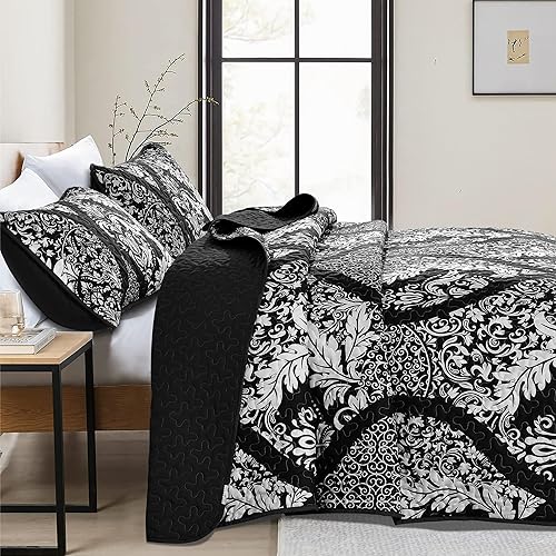 Miniatura 3 de Juego de edredón negro tamaño King, juego de colcha cubrecama de damasco bohemio, juego de ropa de cama de microfibra suave y ligera de 3 piezas