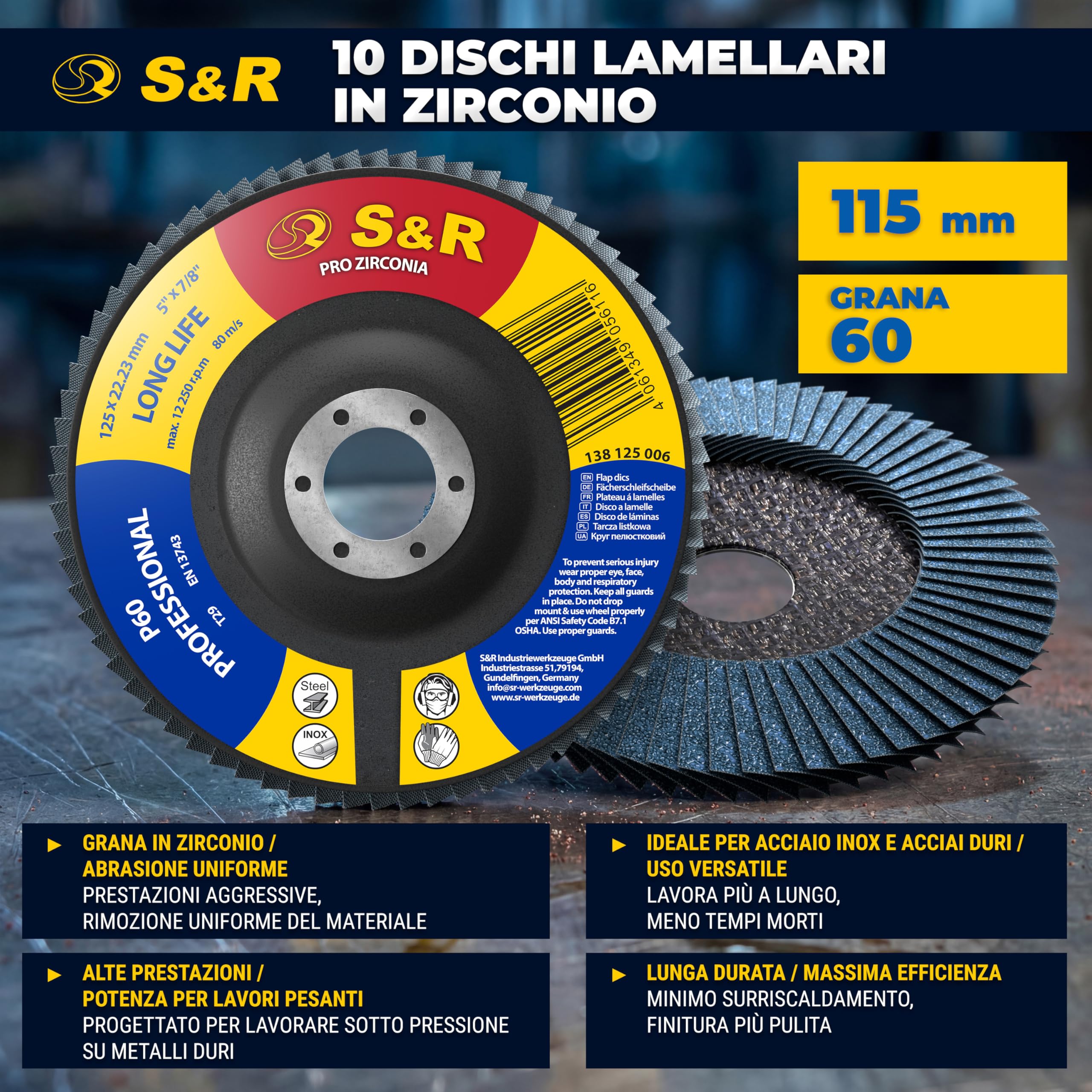 S&R Disco Lamellare 125-10 Dischi Abrasivi a Lamelle 125mm. Dischi Lamellari 125 Grana 60 Metallo Acciaio INOX Legno. Disco Abrasivo 125 per Smerigliatrice di tutte le Marche.