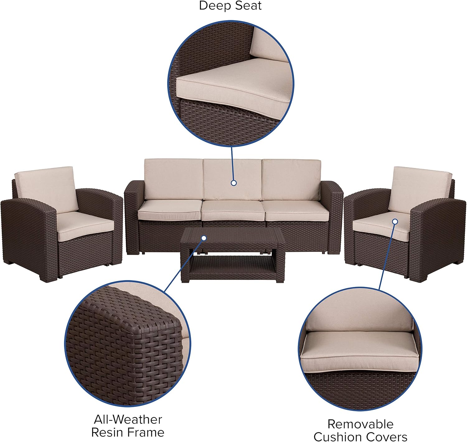 Flash Furniture 4 Piece Outdoor Faux Rattan Chair, Sofa and Table Set in Chocolate Brown