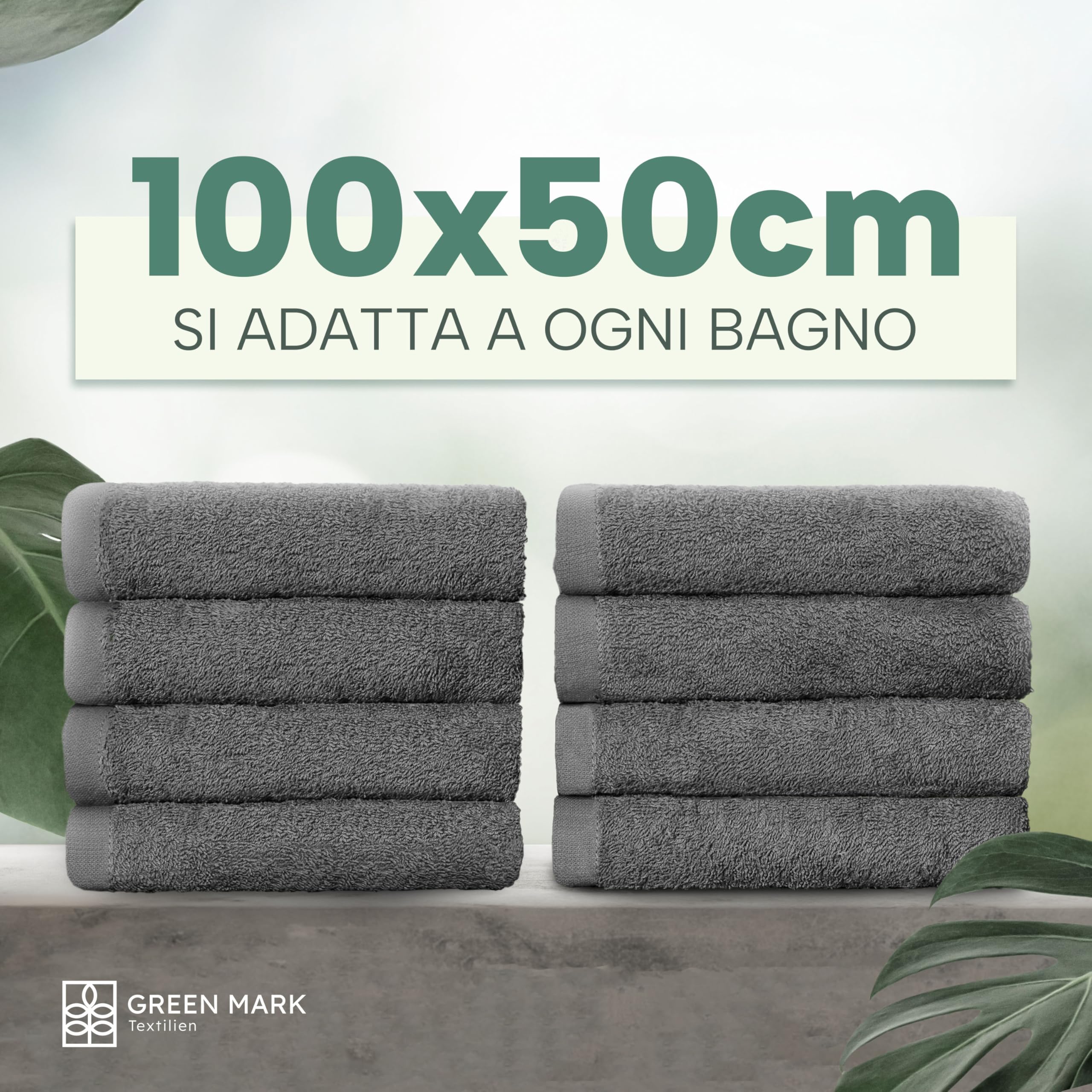 GREEN MARK Asciugamani – Set da 8 Pezzi – 100% Cotone, Morbidi e Altamente Assorbenti, Qualità Premium per Bagno, Spa e Palestra, 50 × 100 cm, Grigio Antracite