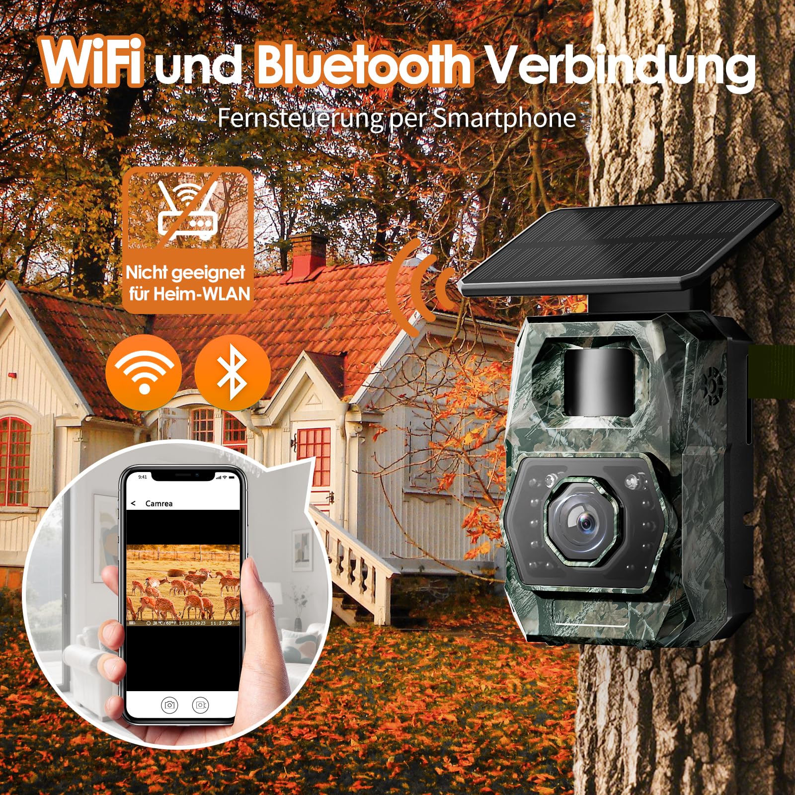 MAXDONE Wildkamera Mit Handyübertragung App, 4K 64MP Wildlife Camera solar nachtsicht bewegungsmelder 0.1s Trigger Time Wildlife Cameras Bluetooth Night Vision Camera IP66 inkl. 32GB SD-Karte