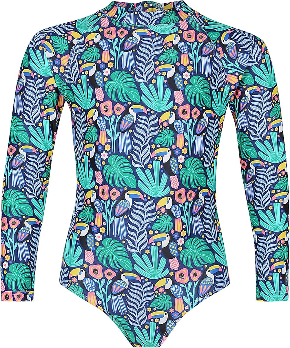 One Piece Girls Swimsuit Long Sleeve UPF 50+ Rash Guard with UV Protection