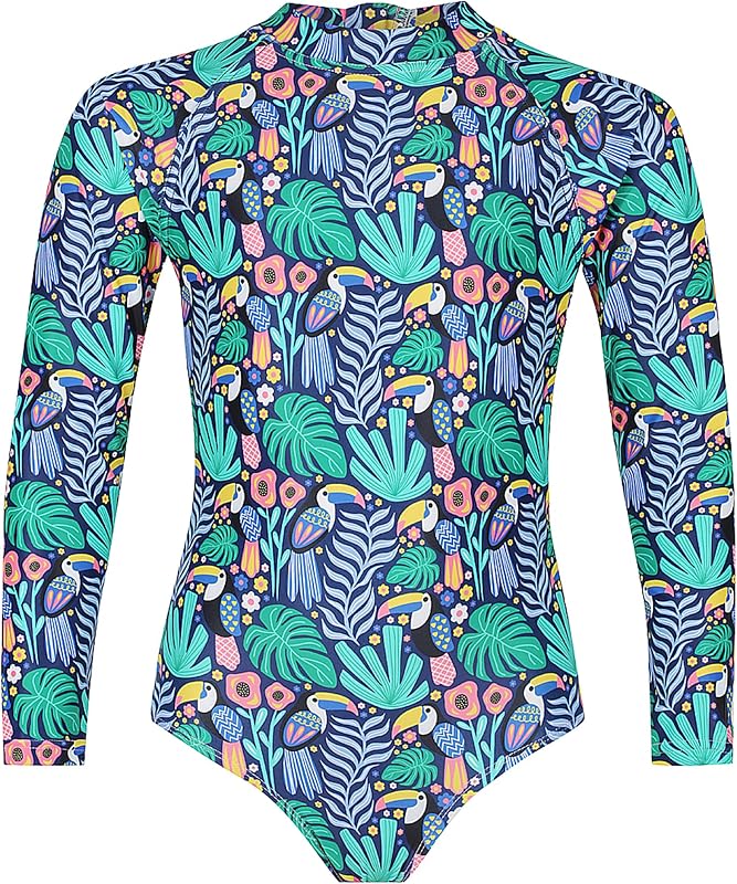 One Piece Girls Swimsuit Long Sleeve UPF 50+ Rash Guard with UV Protection