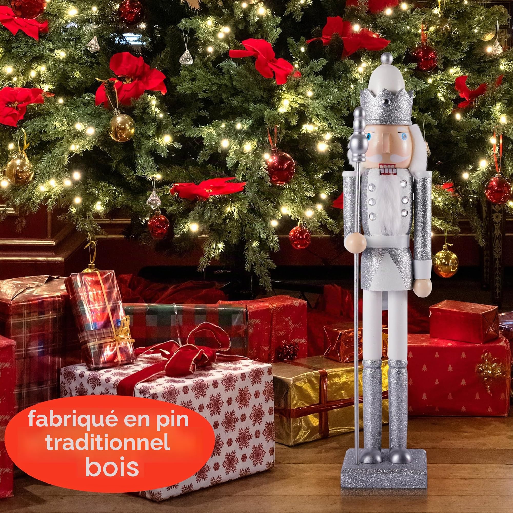 THE TWIDDLERS Grand Soldat Casse-Noisette de Noël avec Support, XL 50cm - Matériau de Pin & de Bois Fait à la Main de Qualité Supérieure - Déco de Noël Traditionnelle - Blanc & Argent
