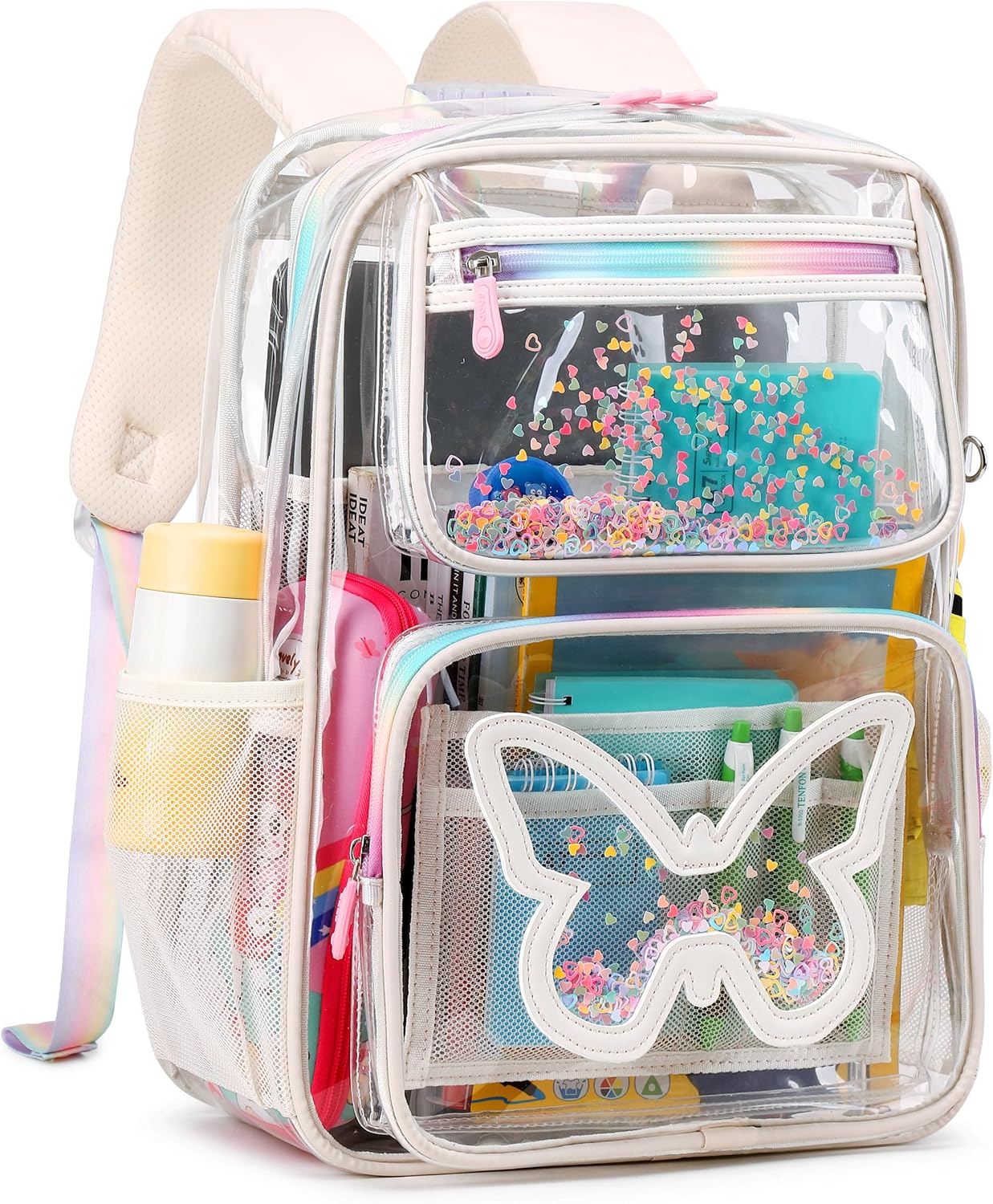 Clear Backpack for School,Large Bookbag Heavy Duty See Through Butterfly Backpacks for Girls Stadium Approved Daypack Transparent Shoulder Bags for Students,Teens,Women,Work,Travel,Concert Black