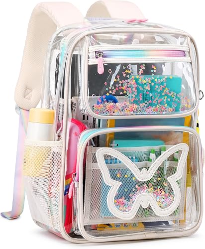 Clear Backpack for School,Large Bookbag Heavy Duty See Through Butterfly Backpacks for Girls Stadium Approved Bags