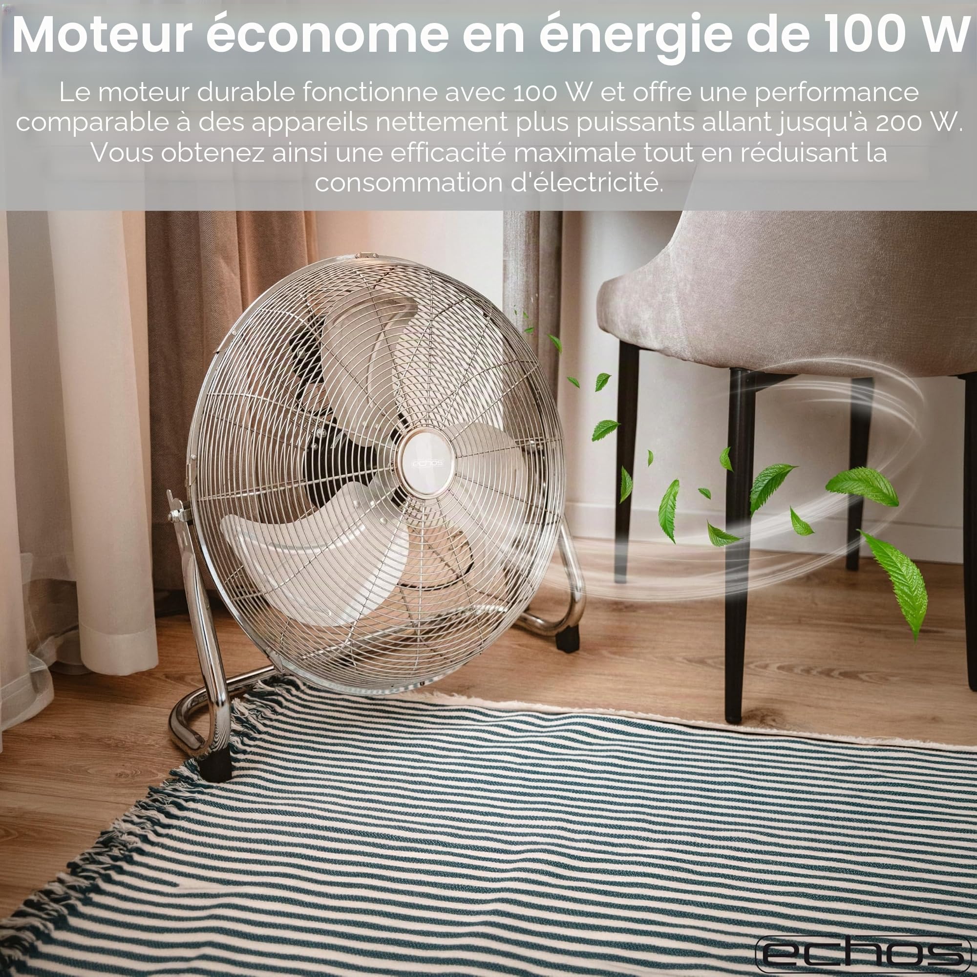 Echos® Ventilateur de sol en métal 46 cm - 100 W - Silencieux - 3 niveaux - Inclinable à 90° - Ventilateur industriel avec flux d'air puissant de 102 m³/min - Pour atelier, bureau et maison
