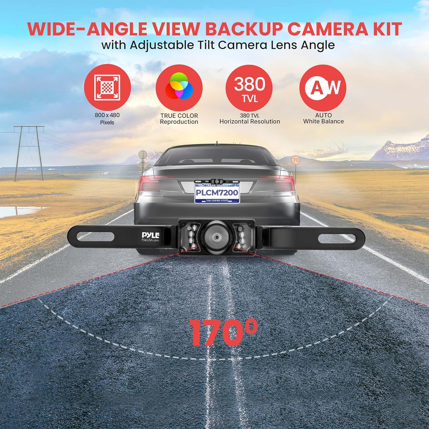 An illustration demonstrating the 170-degree wide-angle view of the backup camera, showing its broad coverage behind a vehicle.