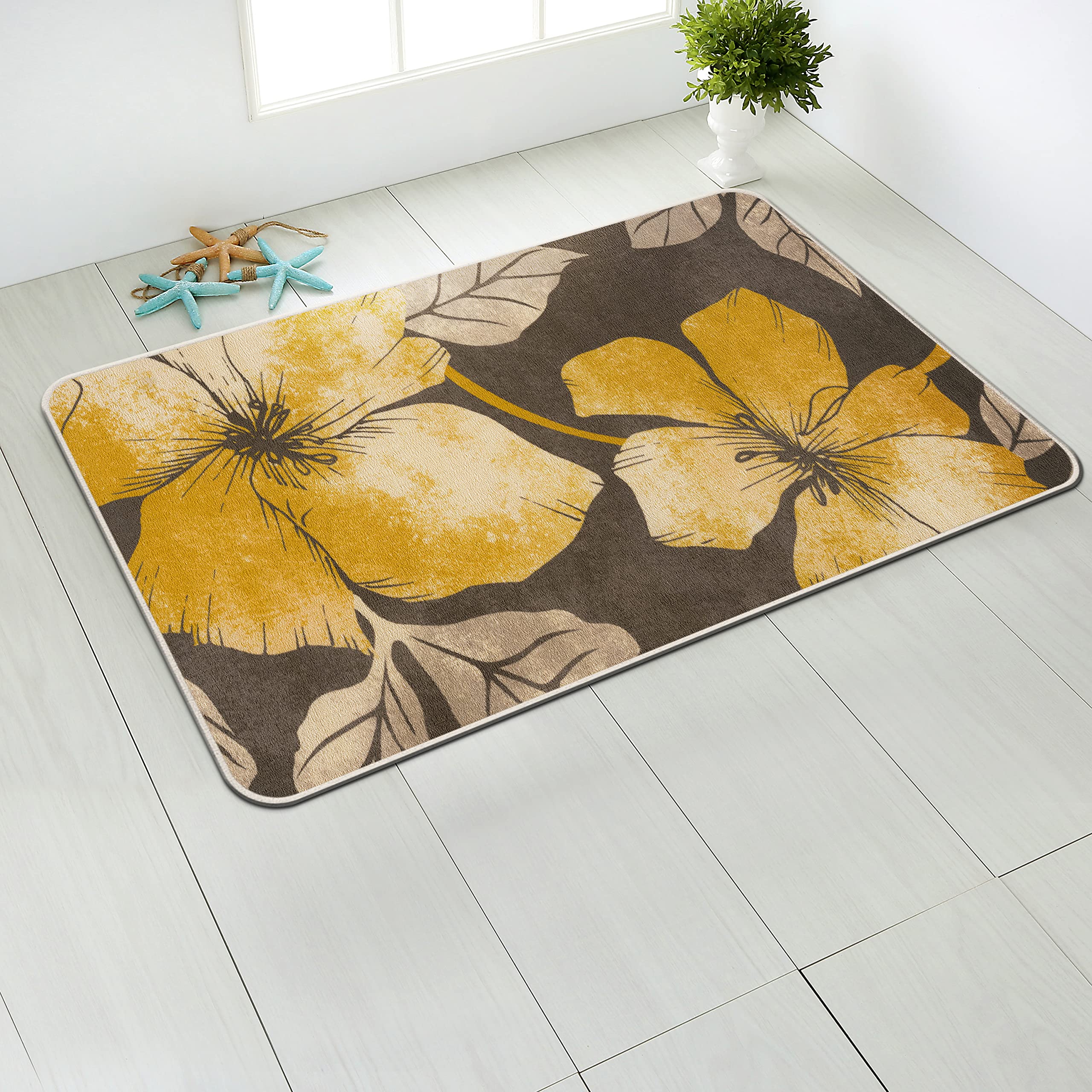 CAMILSON Solana Modern Floral 2'x3' Area Rugs Non-Skid (Non-Slip) Rubber Backing Yellow - Brown Flowers Indoor Rug (2x3, Yellow Brown)