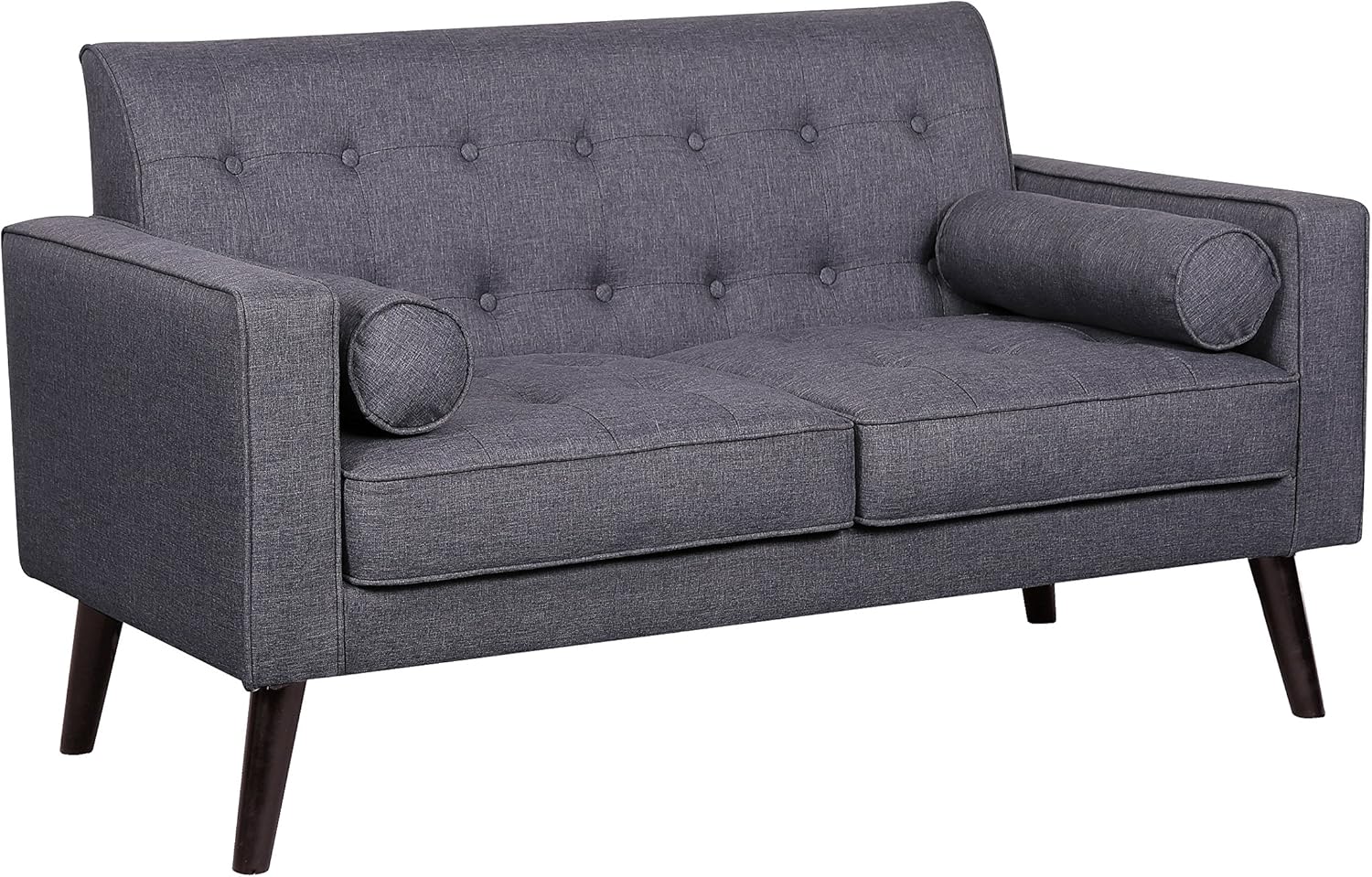 Container Furniture Direct Modern Collection Upholstered Linen loveseat with Wood Legs and Two Button Tufted Accent Pillows, Grey