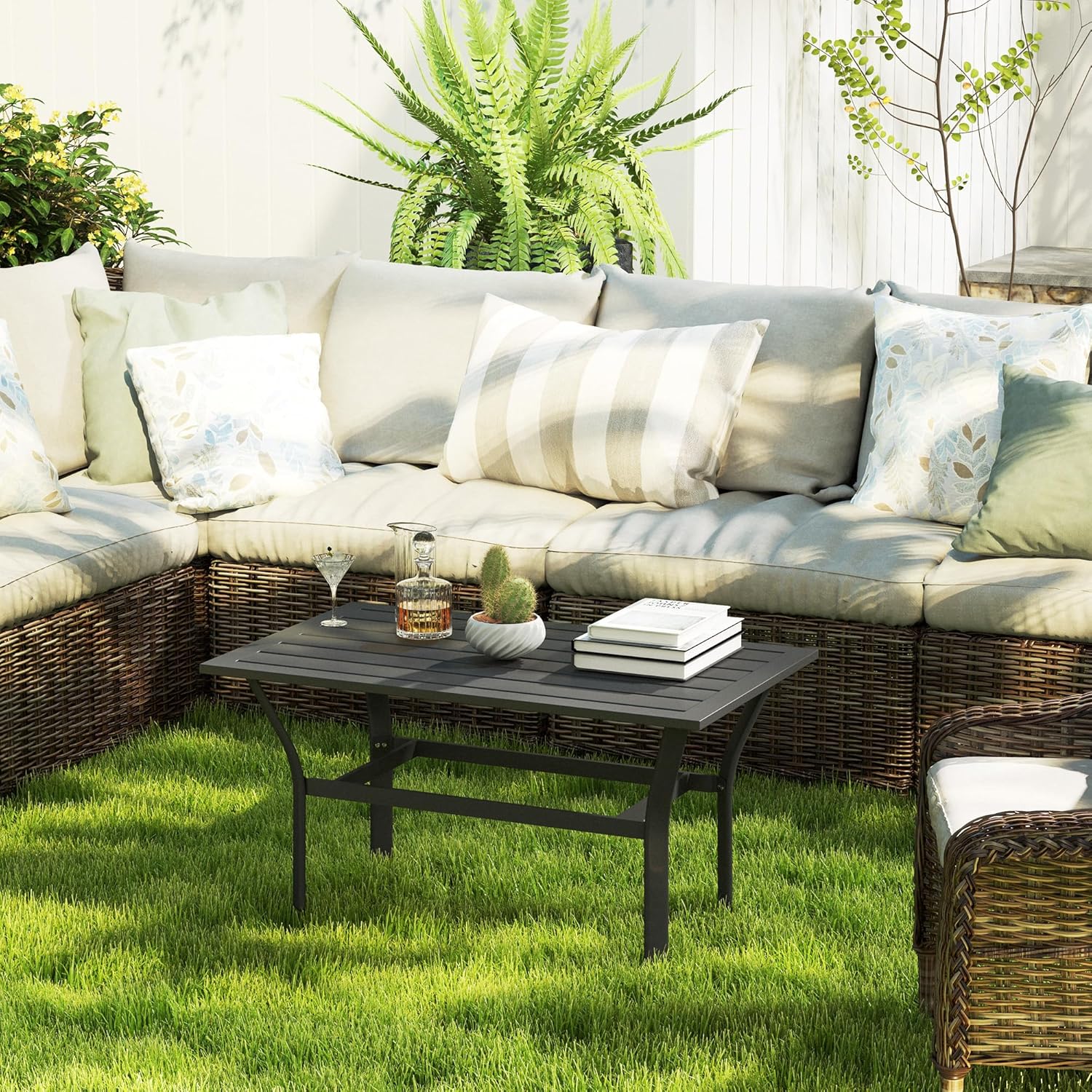Outsunny Outdoor Coffee Table, All-Weather Rectangle Metal Patio Coffee Table with Slatted Tabletop for Outside, Patio, Garden, Balcony, Backyard, Black