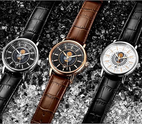 Miniatura 5 de Stuhrling Original - Reloj de pulsera para hombre con correa de piel y caja de acero inoxidable, esfera analógica con fecha y día y noche