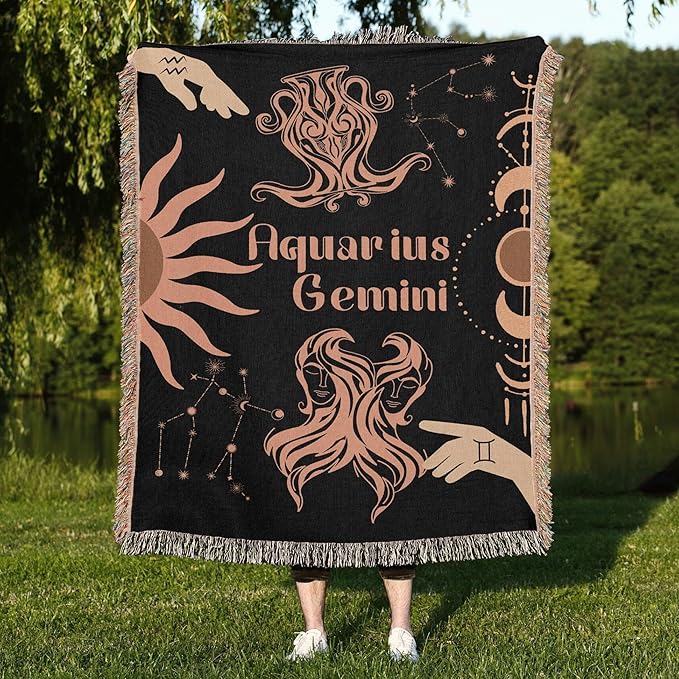 Throw Blanket, 100% Cotton Woven, Zodiac Compatibility Sign, Astrology Decor Woven Tapestry, Aquarius Gemini Horoscope Match 2-Inch Fringe Detail, Vintage Aesthetic Multiple Sizes 50 x 60
