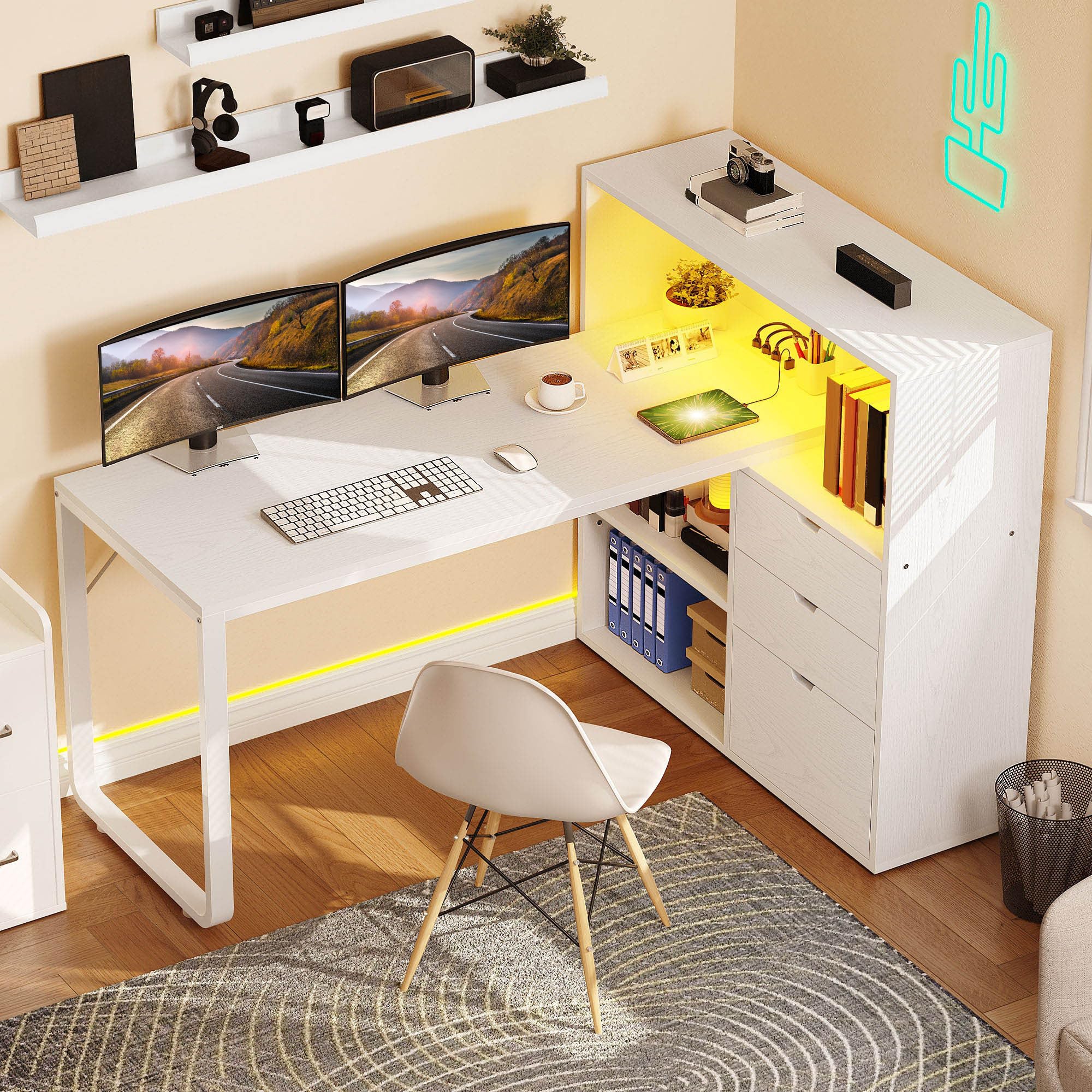 YITAHOME L Shaped Desk with Power Outlets, 55" Computer Desk with Drawers & Bookshelf, Home Office Desk with LED Lights, Corner Desk with File Cabinet
