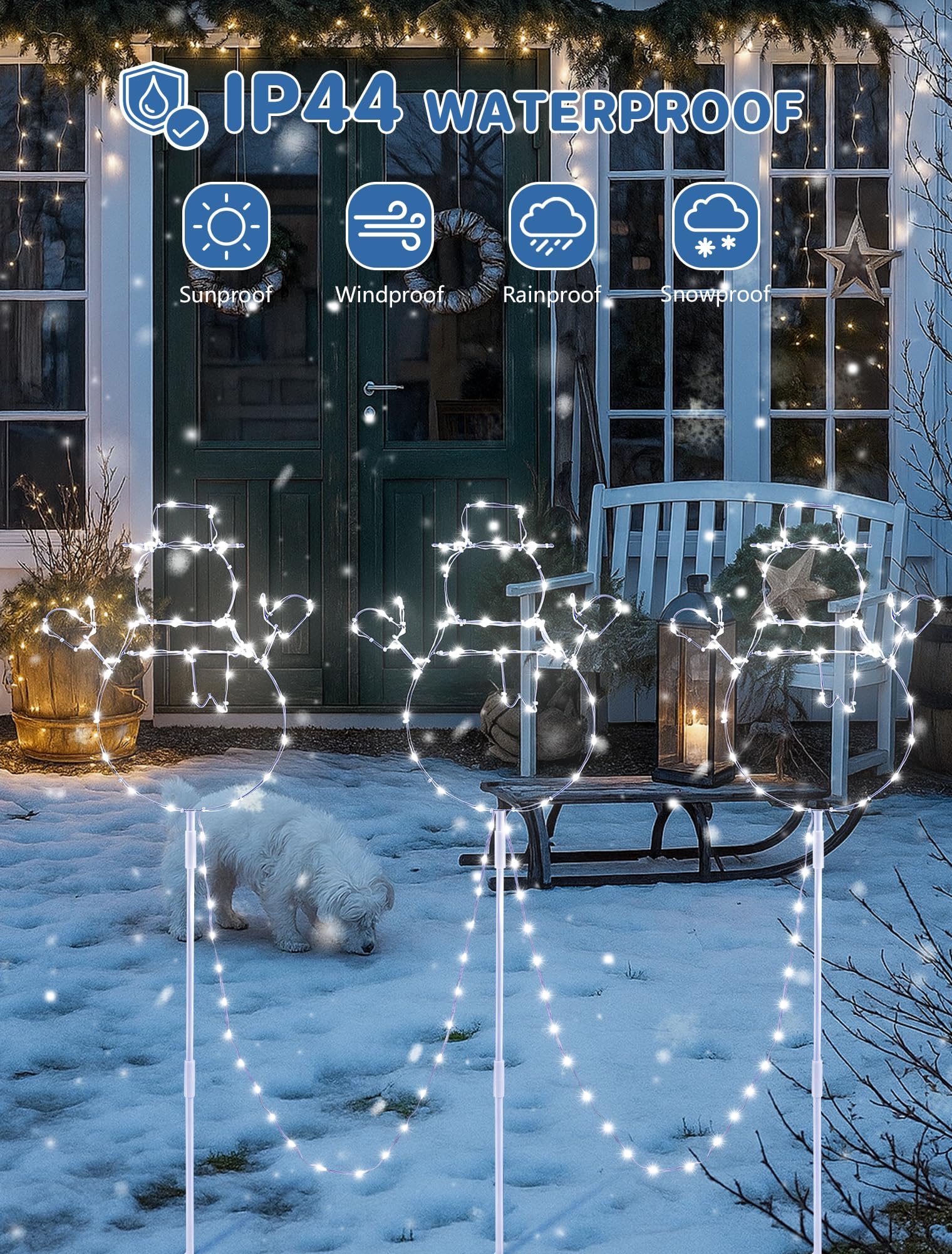 woohaha Guirnalda de luces LED blancas para jardín, diseño de muñeco de nieve de Navidad, impermeable, para Navidad, invierno, césped, patio, decoración de patio (paquete de 3)