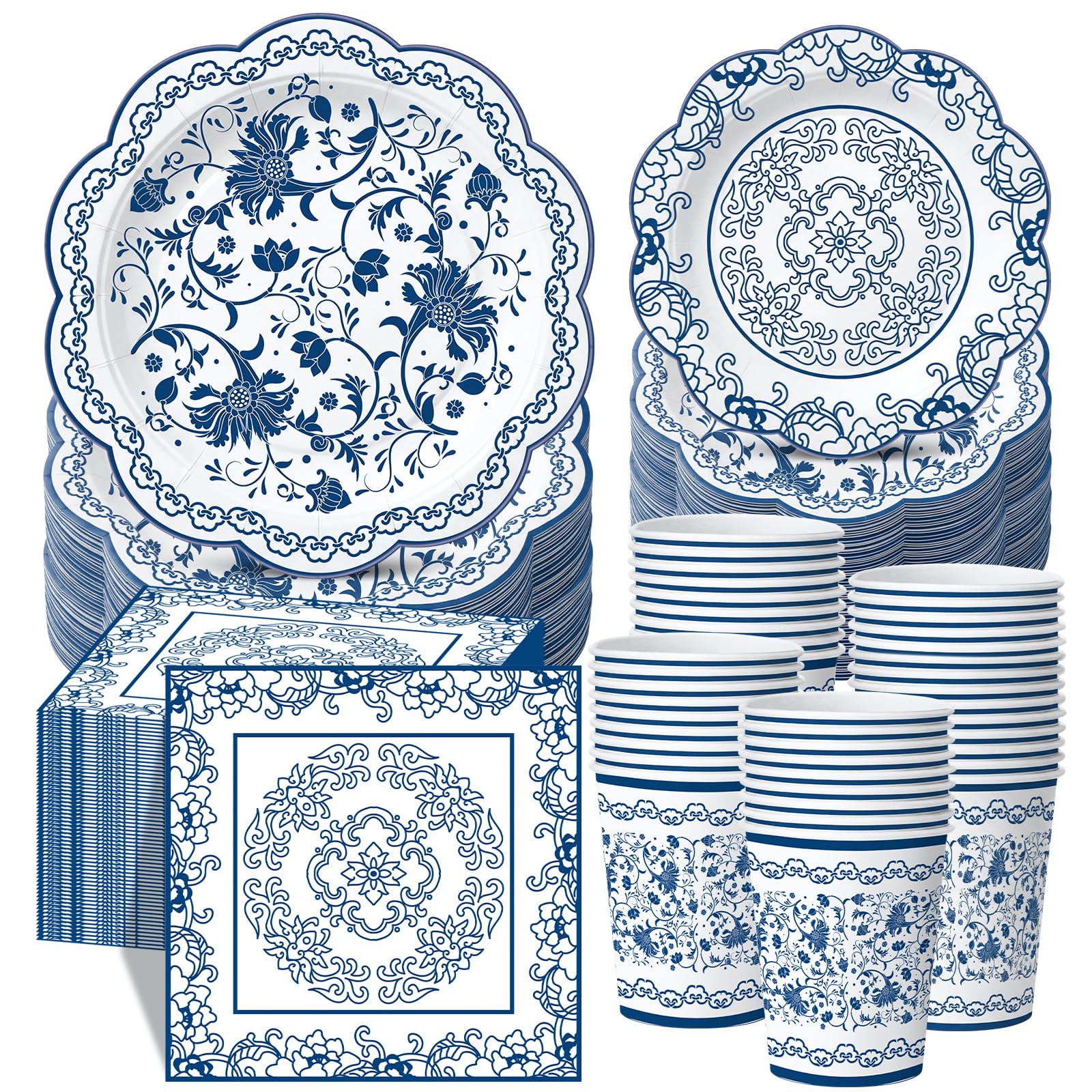 Pickmesh 250 Pcs Chinoiserie Party Supplies Decorations Blue and White Porcelain Disposable Paper Plates Napkins and Cups for Blue White Floral Baby Shower Birthday Wedding Tea Party, Serve 50