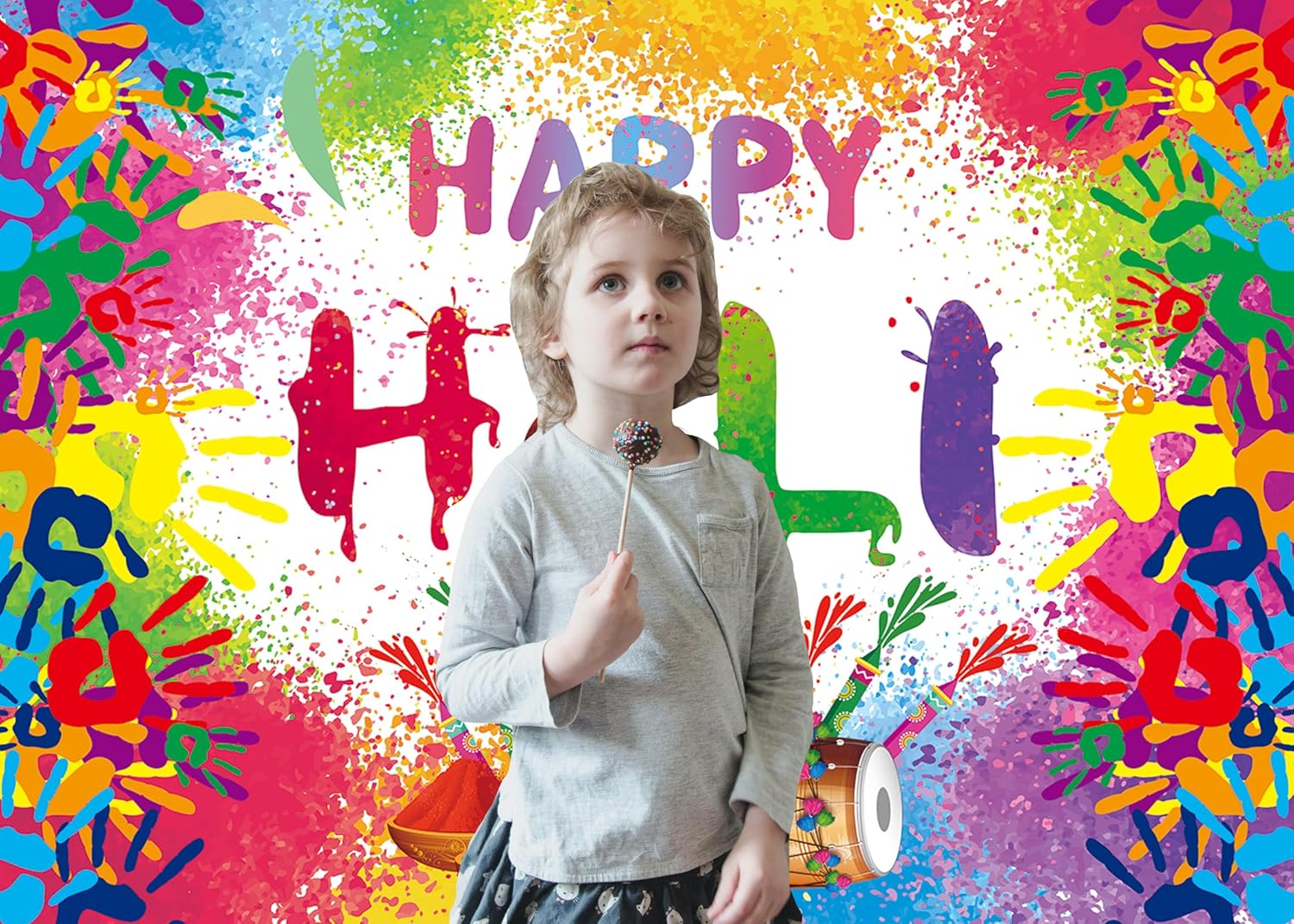 XCKALI Colorful Happy Holi Backdrop Hindu Colorful Powder Graffiti Handprint Pattern Flag Party Decoration Indian Cake Smash Decorations 8x6FT