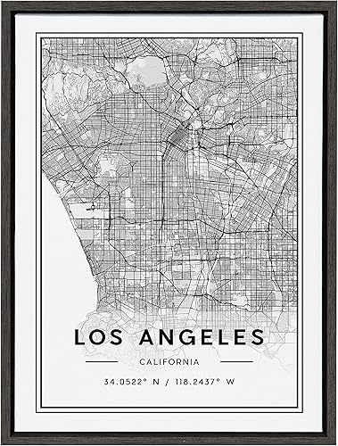 Kate and Laurel Sylvie - Lienzo decorativo enmarcado con mapa moderno de Los Ángeles por Jake Goossen, 18 x 24 pulgadas, color gris, arte decorativo