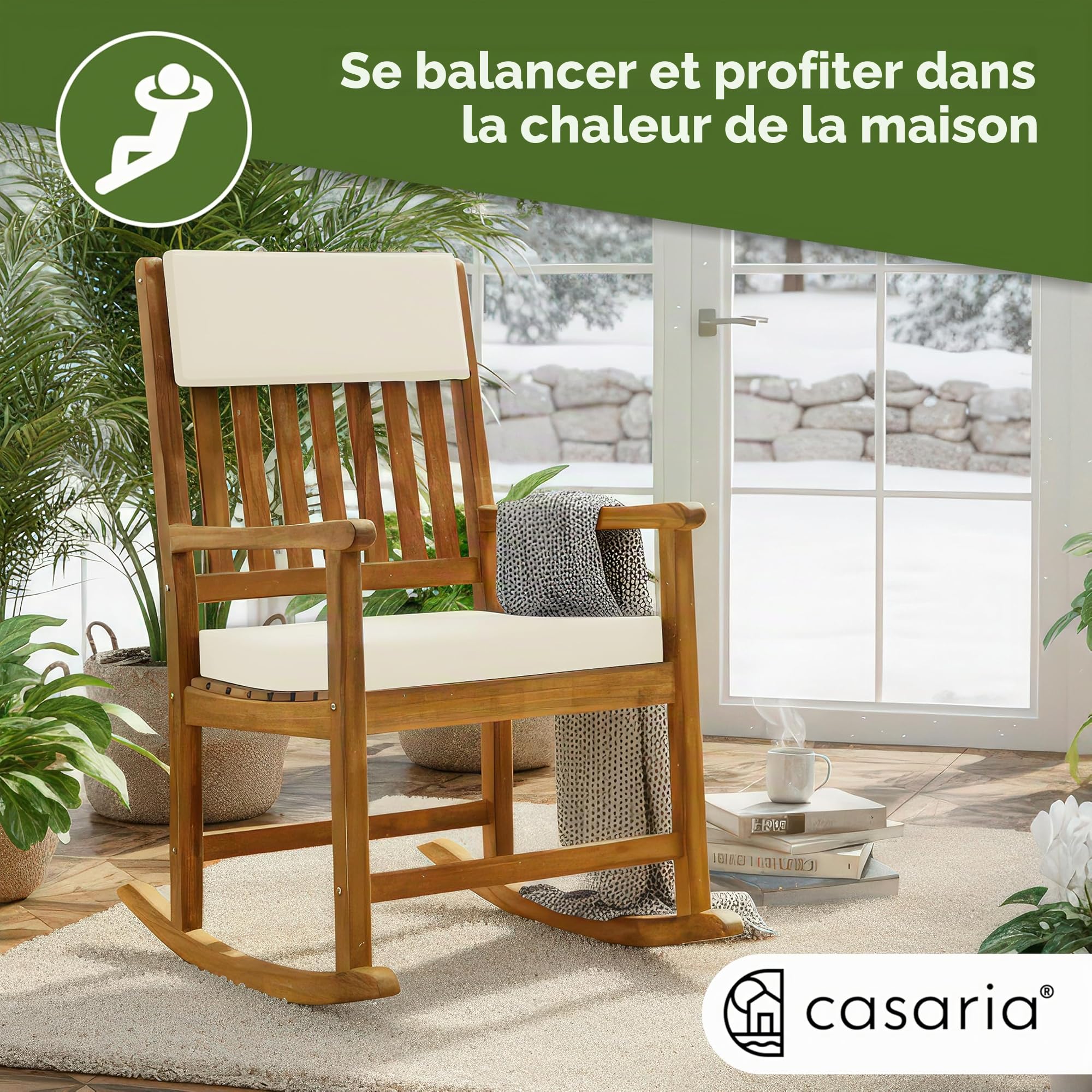 Deuba Rocking Chair en Bois Chaise a Bascule 54x76x102cm Fauteuil intérieur extérieur avec Coussin d'assise