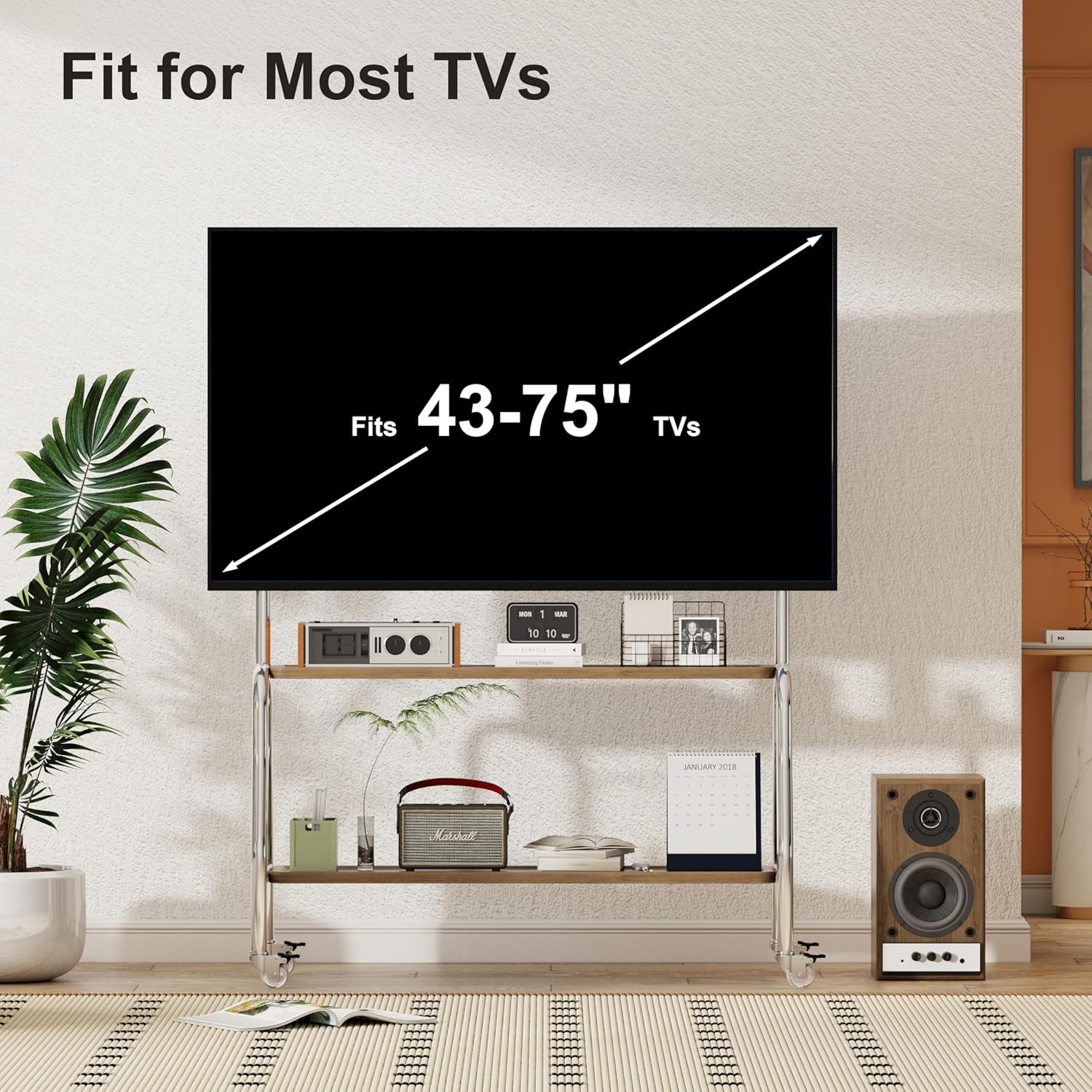 TV Stand with Wheels, TV Stand Fits 43-75 Inch TV Screen up to 110 LB, Height Adjustable Rolling Television Stand for Living Room, Bedroom, Outdoor, Business and School, Stainless Steels