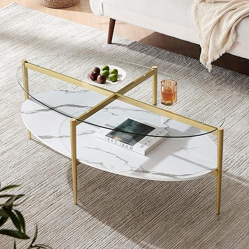 Miniatura 12 de Mesa de centro ovalada, diseño moderno de mediados de siglo, 41 x 21 x 17 pulgadas, para sala de estar, tapa de vidrio transparente, estante de